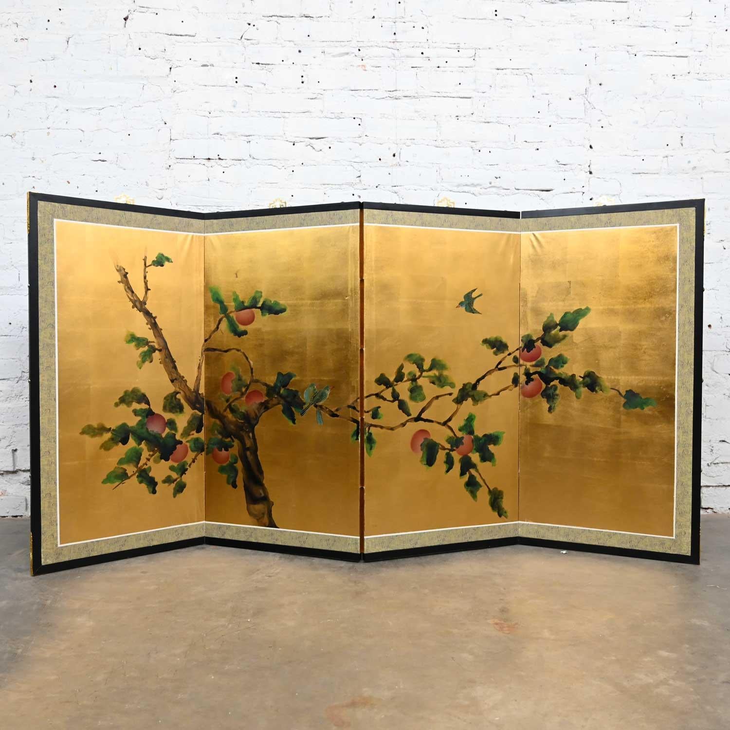 20th Century Chinoiserie Asian 4 Panel Silk Byobu Folding Screen or Wall Hanging Brass Accent