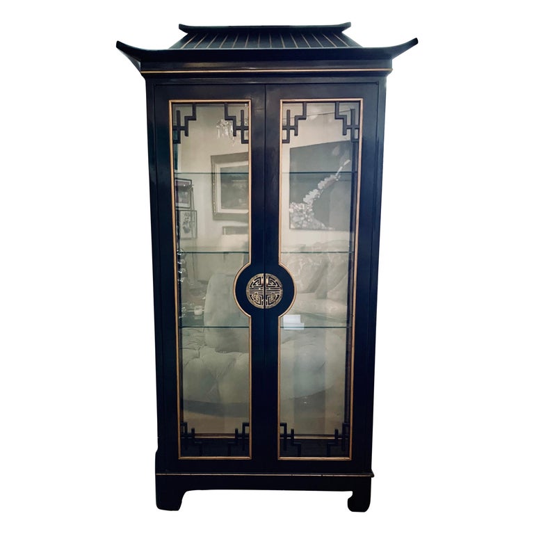 Chinoiserie Asian Black Lacquer Pagoda Style Display China Cabinet Vitrine  at 1stDibs
