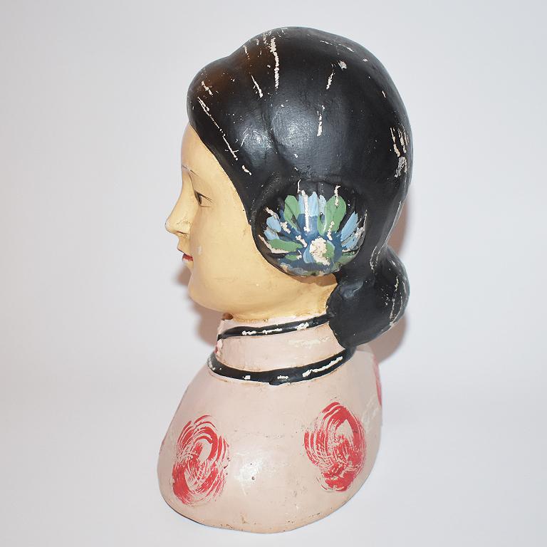 Ceramic Chinoiserie Asian Chalkware Bust of a Woman Attributed to Esther Hunt, 1920s