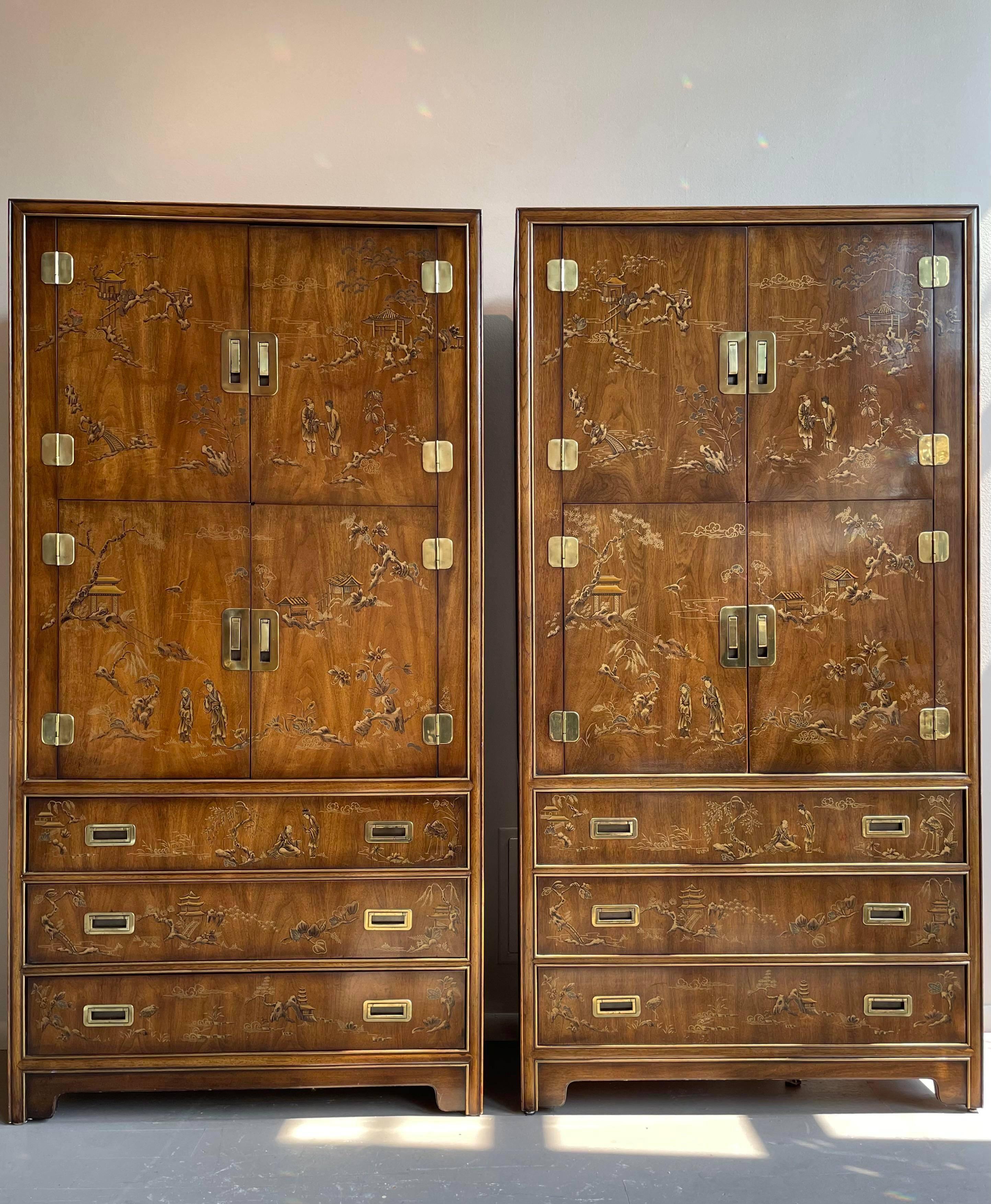 American Chinoiserie Asian Drexel Heritage Armoires Cabinets in Wood, a Pair