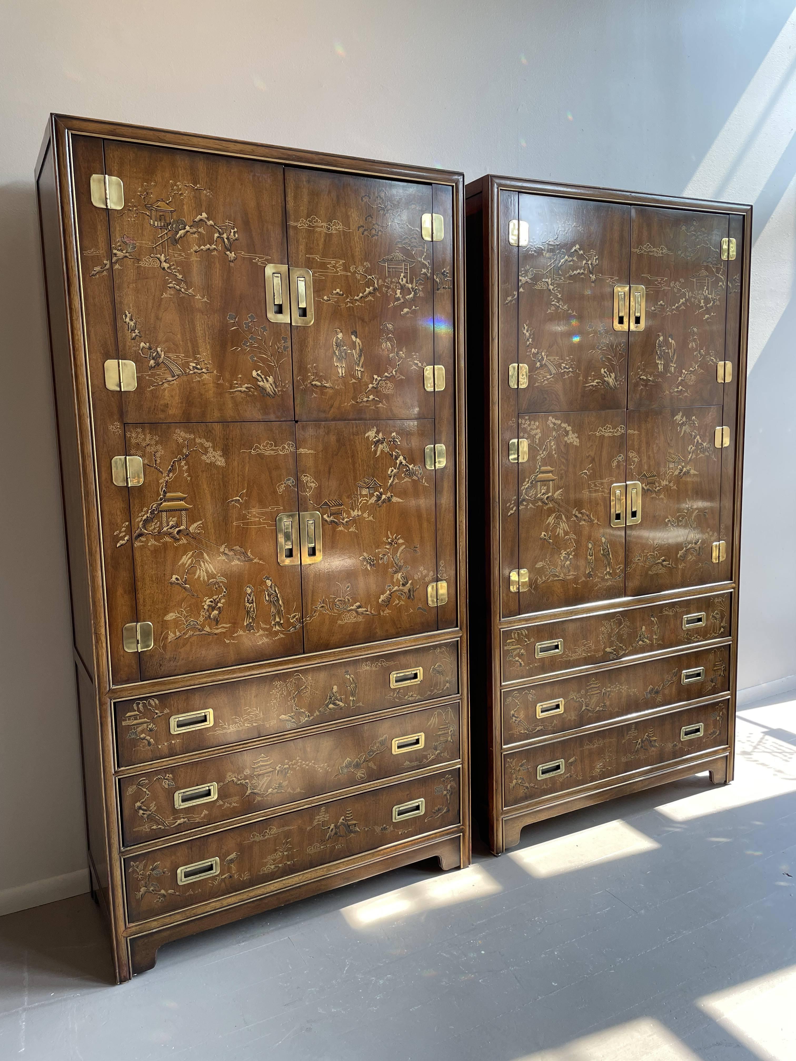 Chinoiserie Asian Drexel Heritage Armoires Cabinets in Wood, a Pair 1