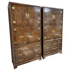 Chinoiserie Asian Drexel Heritage Armoires Cabinets in Wood, a Pair