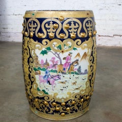 Chinoiserie Asian Garden Stool or Plant Stand Ornate Hand Painted Glazed Ceramic