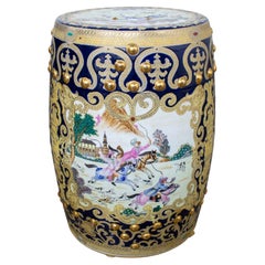 Chinoiserie Asian Garden Stool or Plant Stand Ornate Hand Painted Glazed Ceramic