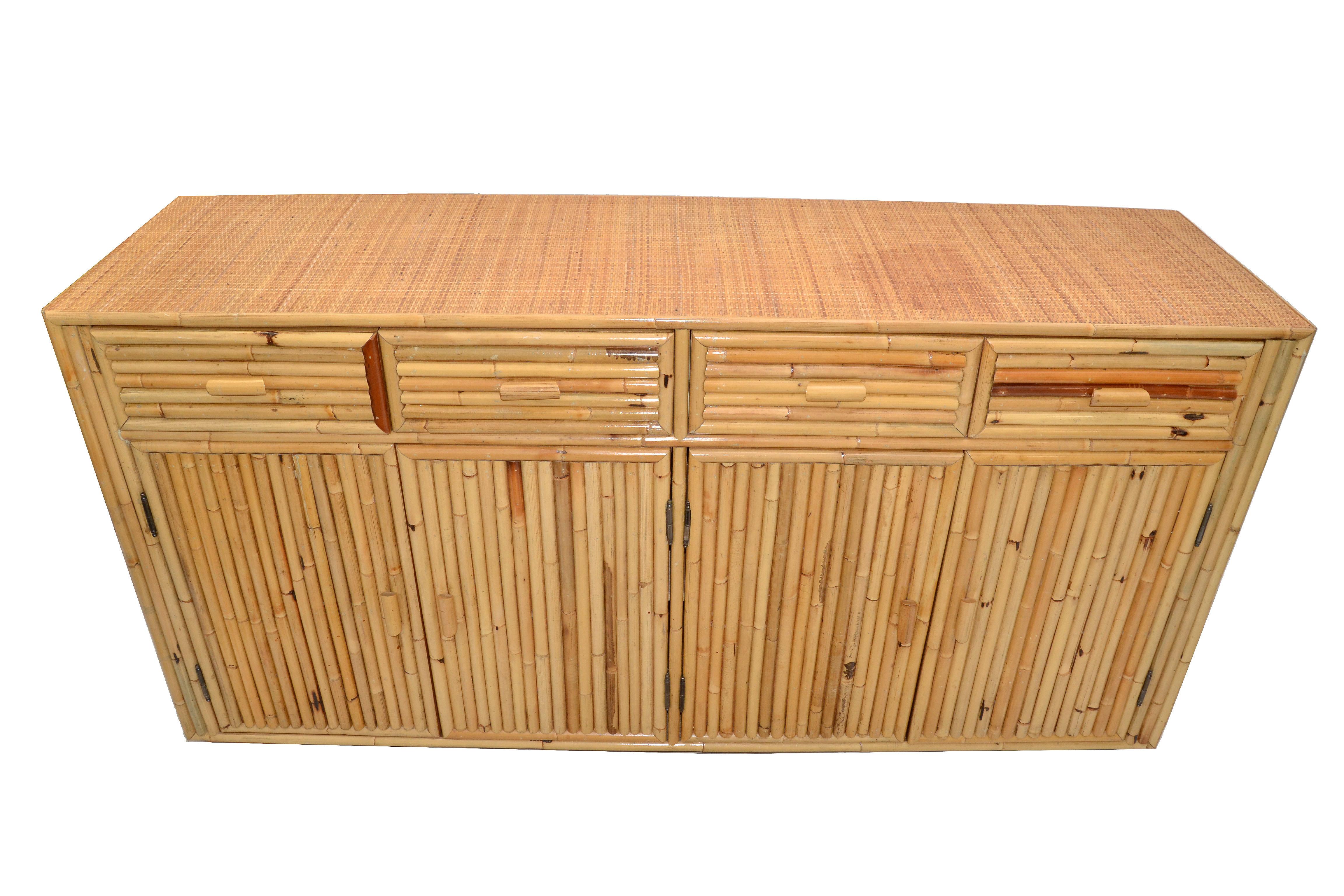 Chinoiserie Asian Modern Bamboo and Handwoven Cane Top Dresser, Credenza, 1970s 9