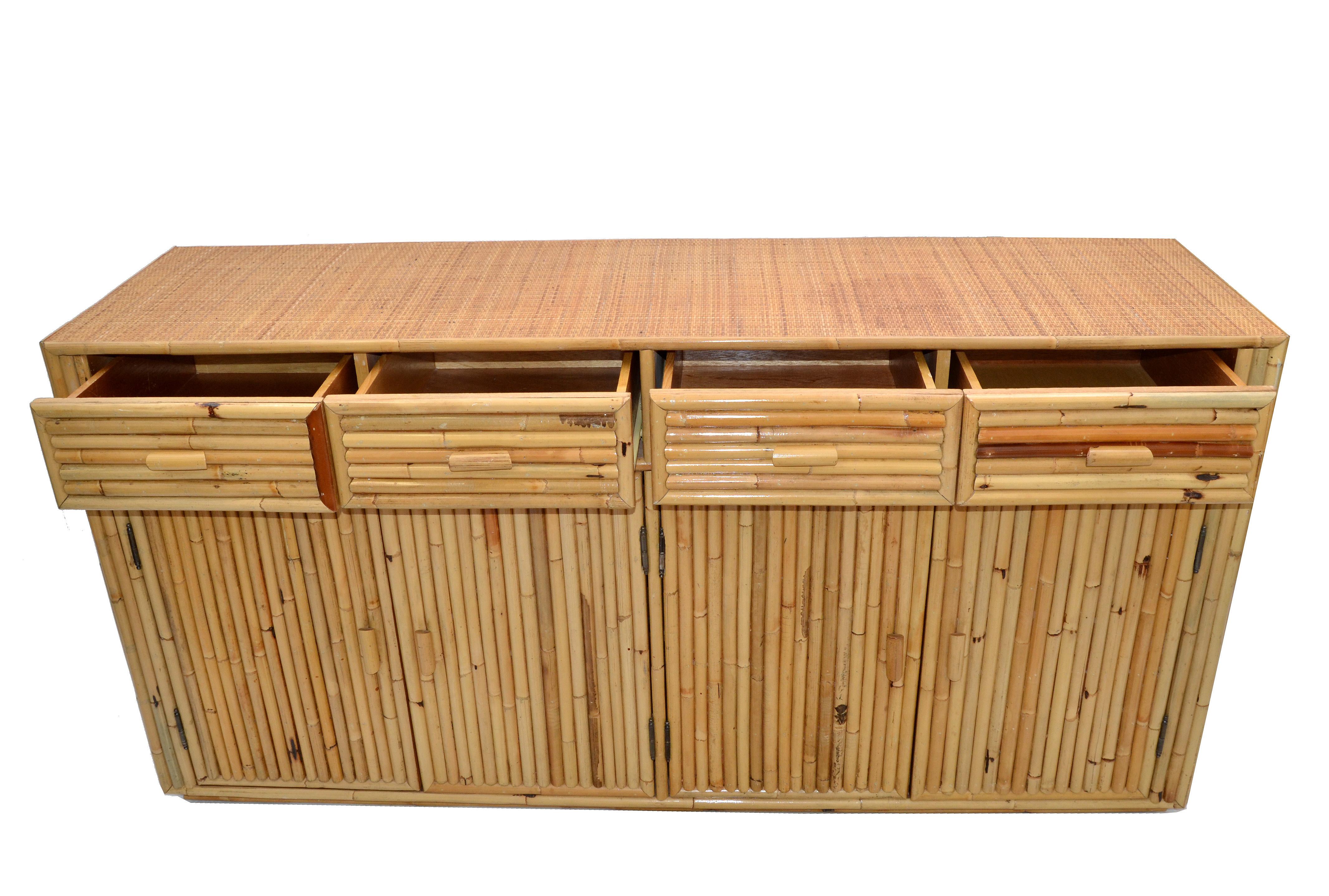 Indonesian Chinoiserie Asian Modern Bamboo and Handwoven Cane Top Dresser, Credenza, 1970s