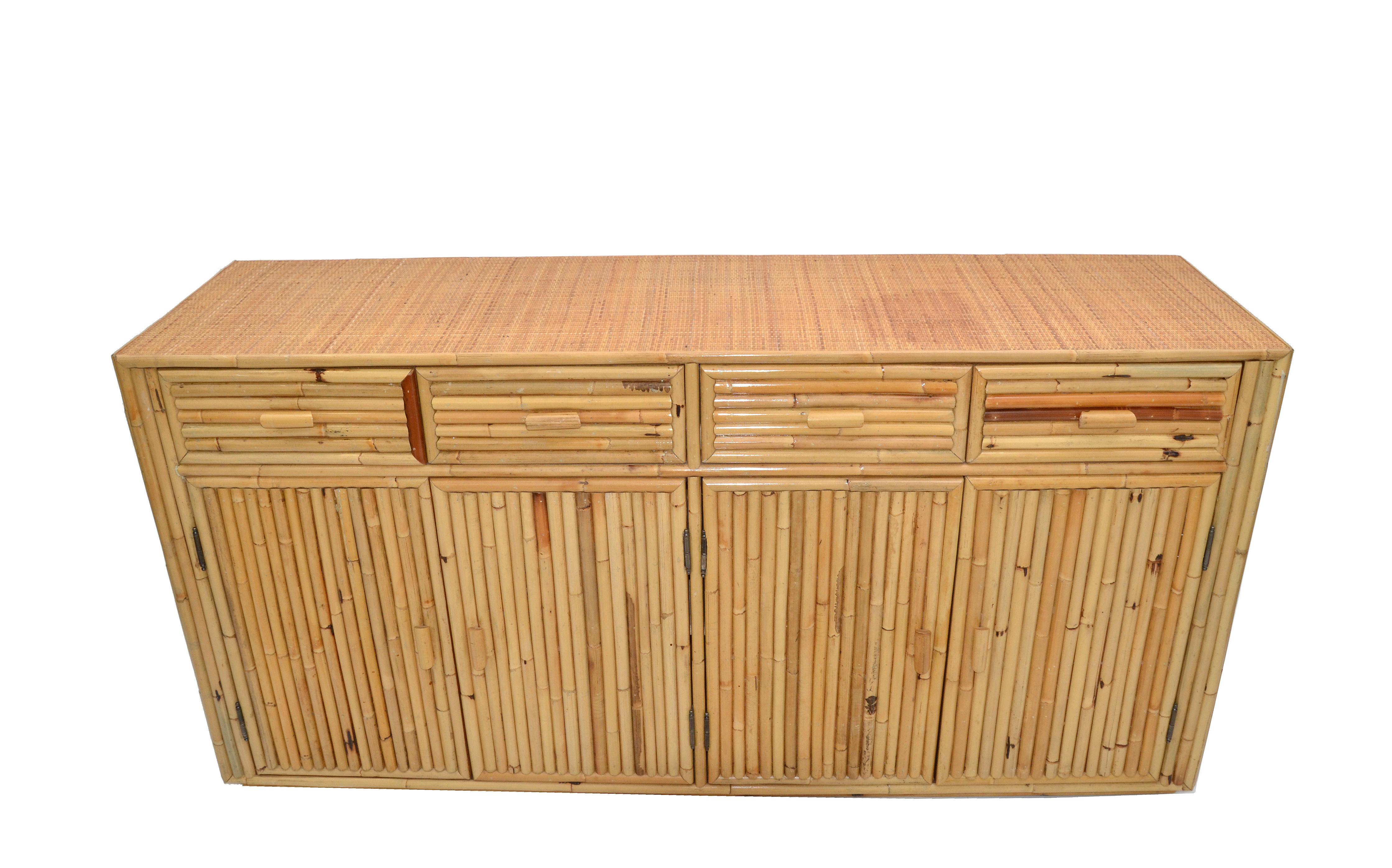 Chinoiserie Asian Modern Bamboo and Handwoven Cane Top Dresser, Credenza, 1970s In Good Condition In Miami, FL