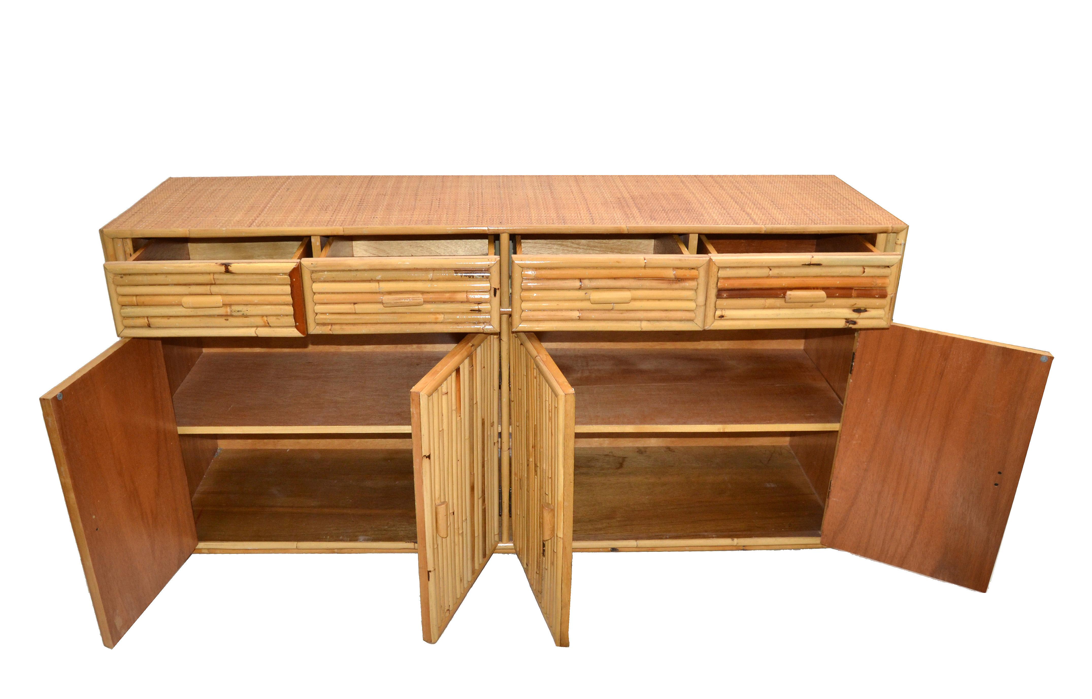 Chinoiserie Asian Modern Bamboo and Handwoven Cane Top Dresser, Credenza, 1970s 1