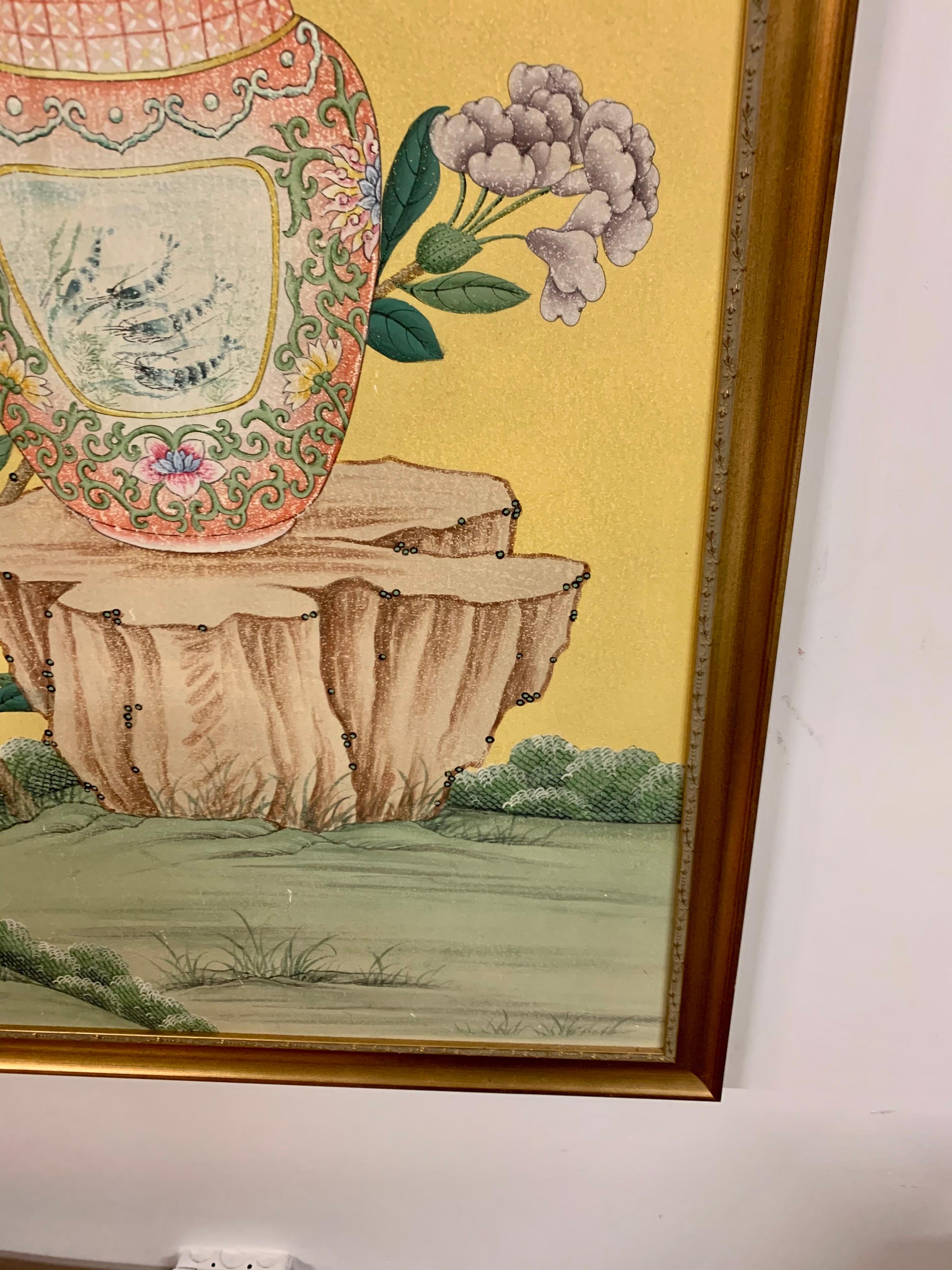 Iconic Chinoiserie painting on board. Tastefully framed. No signatures. Circa mid 20th century. Now, more than ever, home is where the heart is.