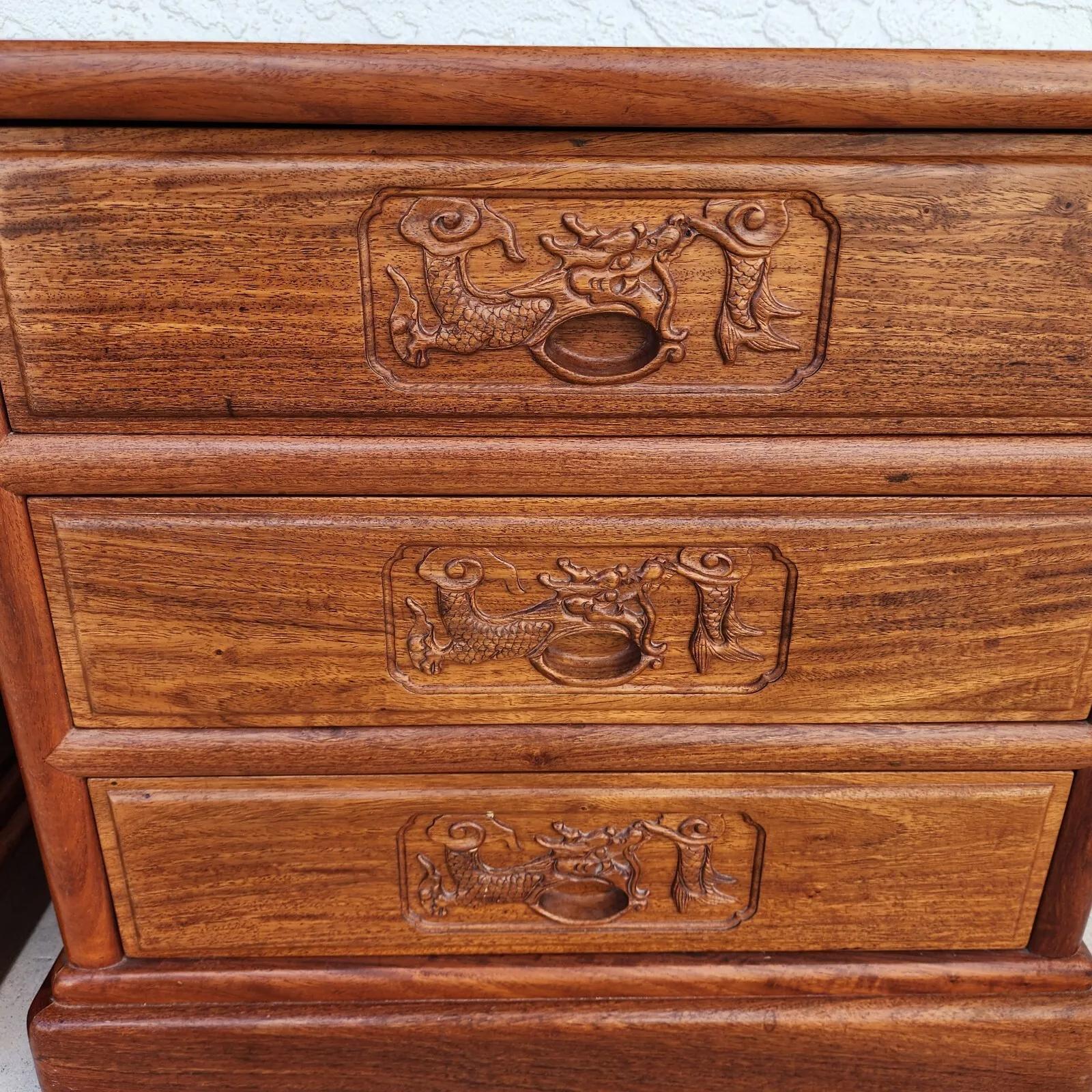 Hand-Carved Chinoiserie Asian Rosewood Nightstands Chests Pair For Sale
