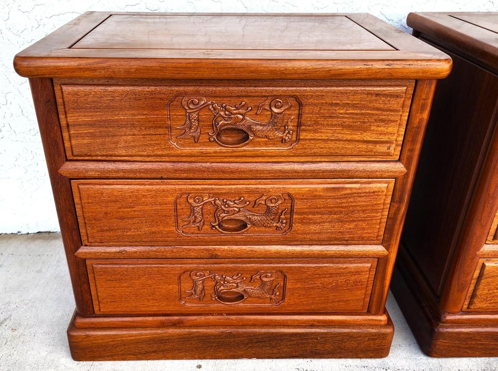 Chinoiserie Asian Rosewood Nightstands Chests Pair For Sale 2