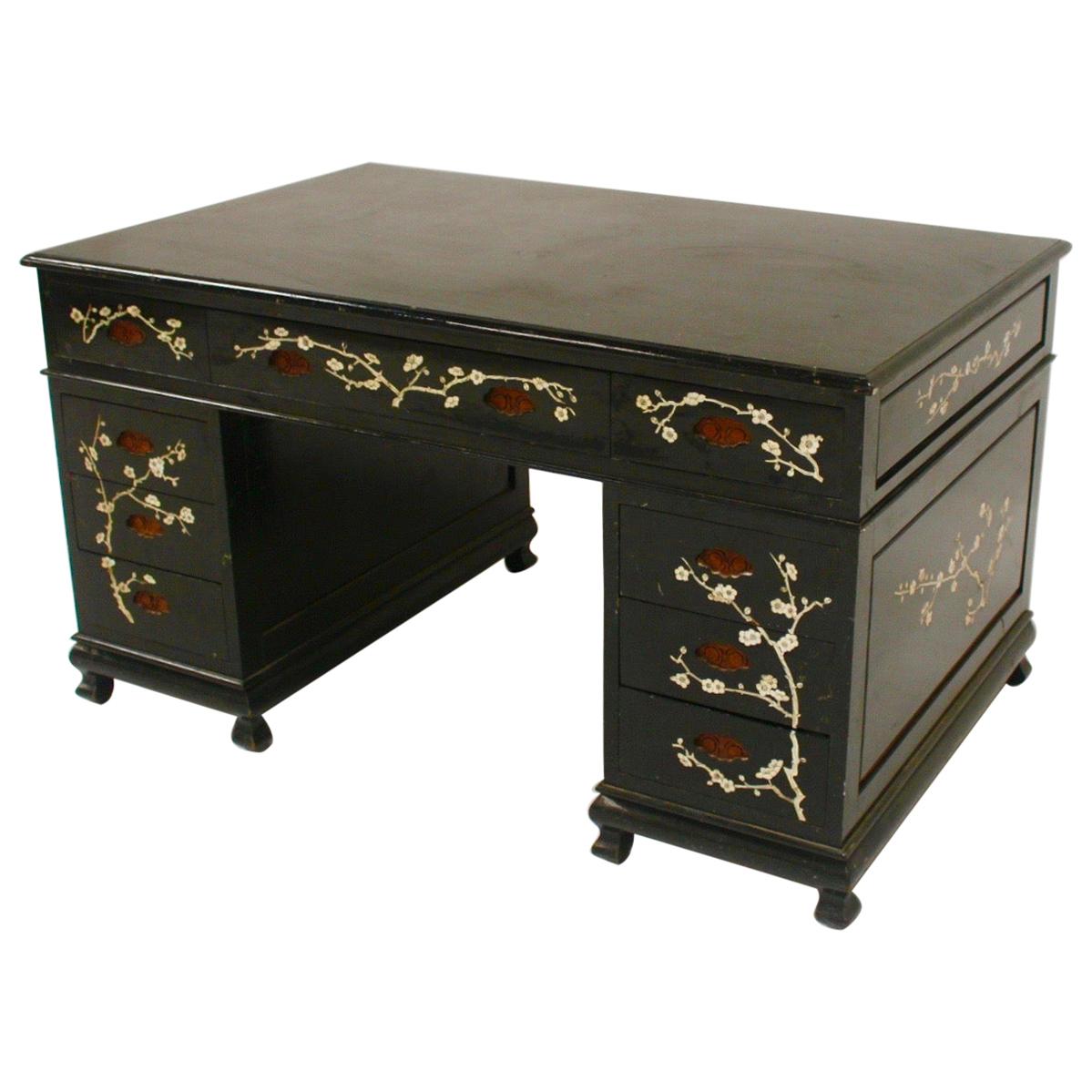 Chinoiserie Back Lacquered Art Deco Mother of Pearl Inlay Desk, Spain, 1940s For Sale