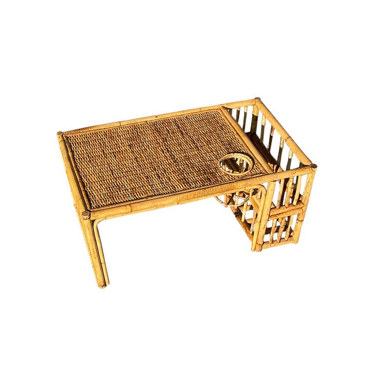 Breakfast in bed never looked so good! A gorgeous burnt bamboo or tiger bamboo bed tray with a magazine rack and cup holder. Created from pieces of brown and black bamboo, this tray has tall legs on each side. One side features a cubby for holding