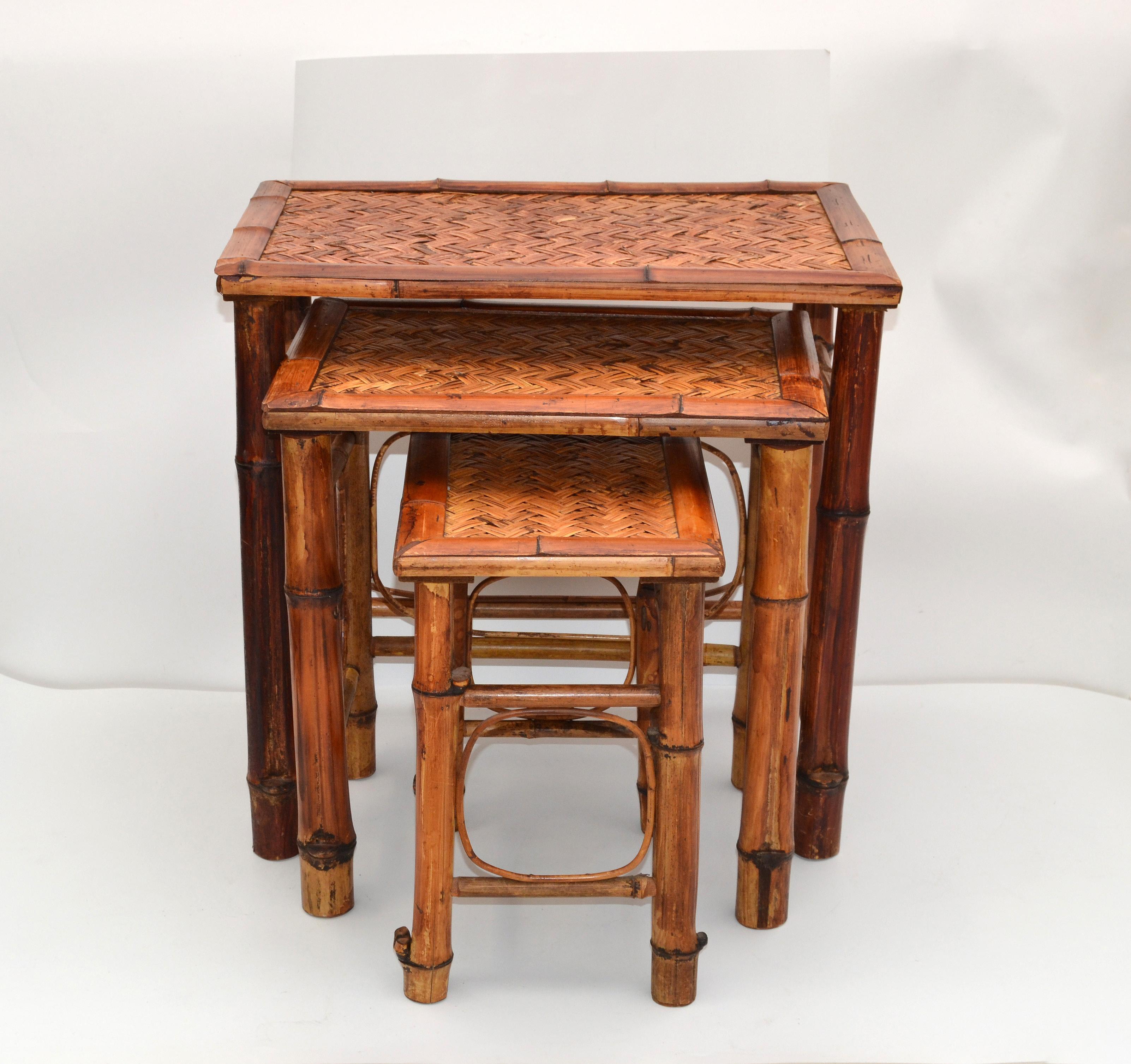 Chinese Chinoiserie Bamboo & Cane Nesting Tables Stacking Tables Handcrafted Set of 3 For Sale