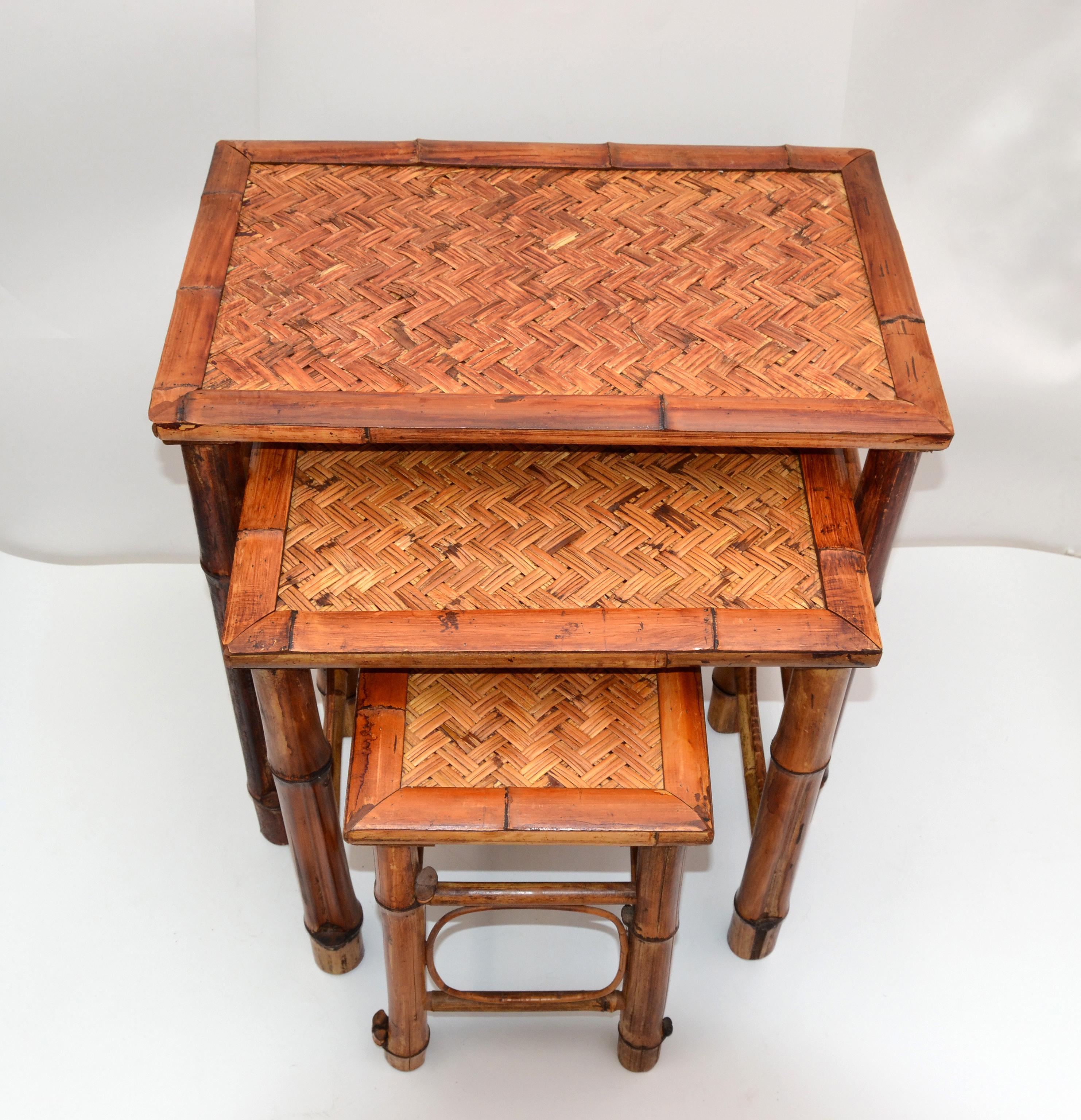 Hand-Crafted Chinoiserie Bamboo & Cane Nesting Tables Stacking Tables Handcrafted Set of 3 For Sale