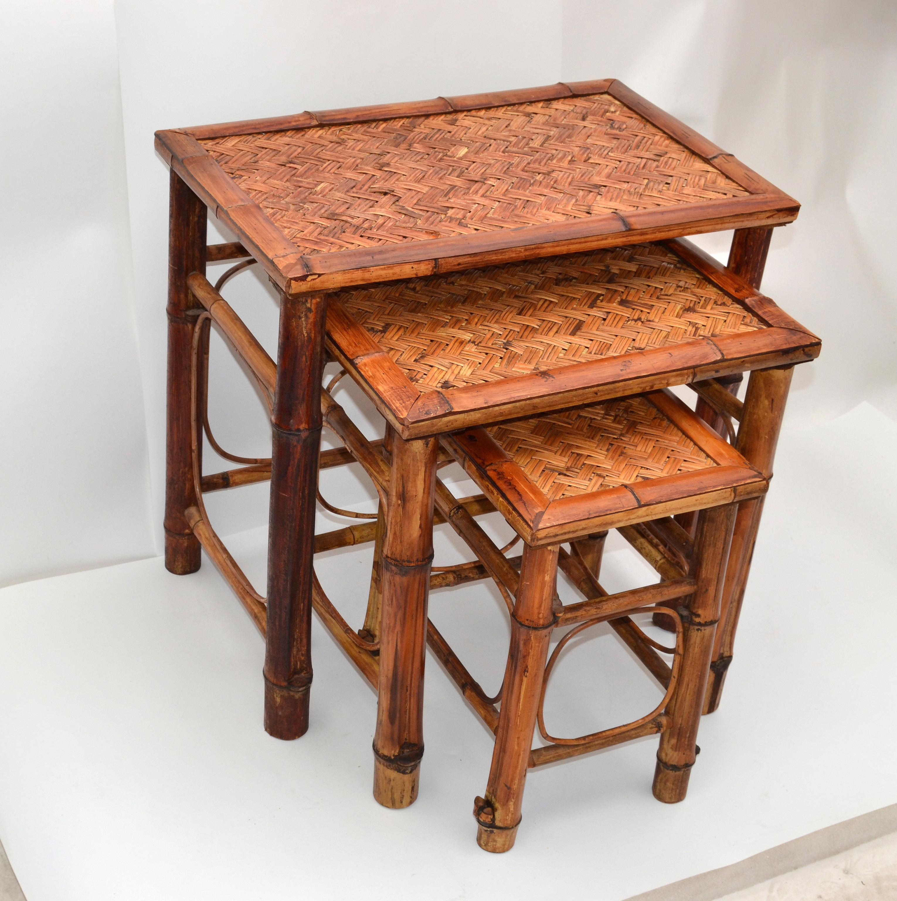 Chinoiserie Bamboo & Cane Nesting Tables Stacking Tables Handcrafted Set of 3 In Good Condition For Sale In Miami, FL