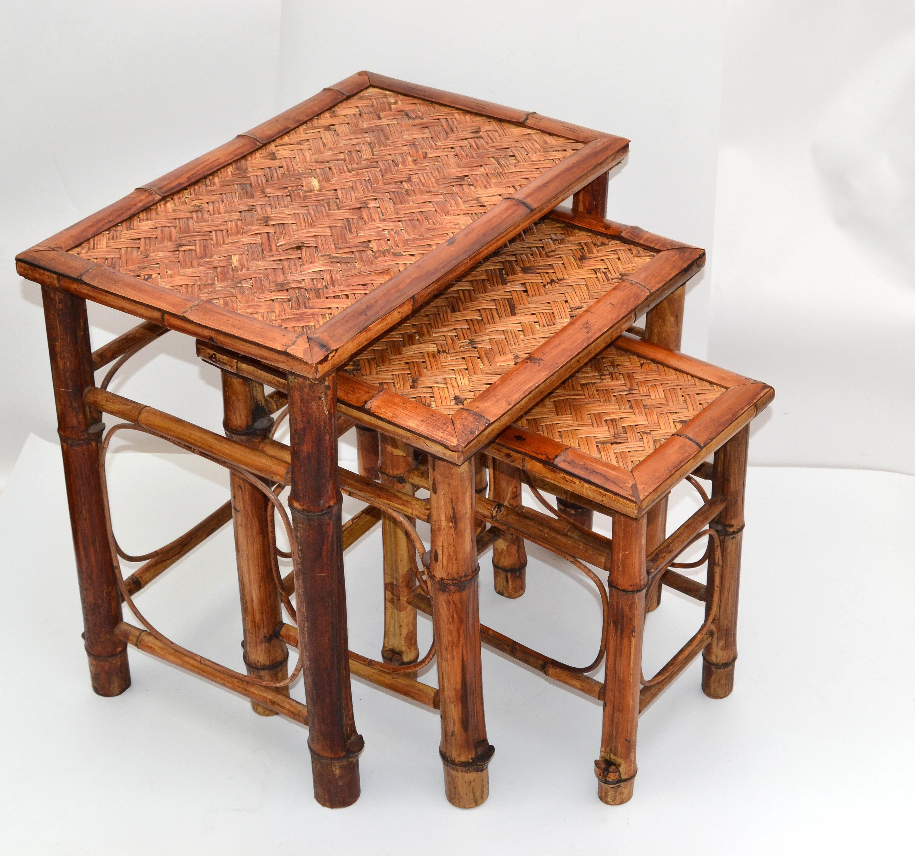 Late 20th Century Chinoiserie Bamboo & Cane Nesting Tables Stacking Tables Handcrafted Set of 3 For Sale
