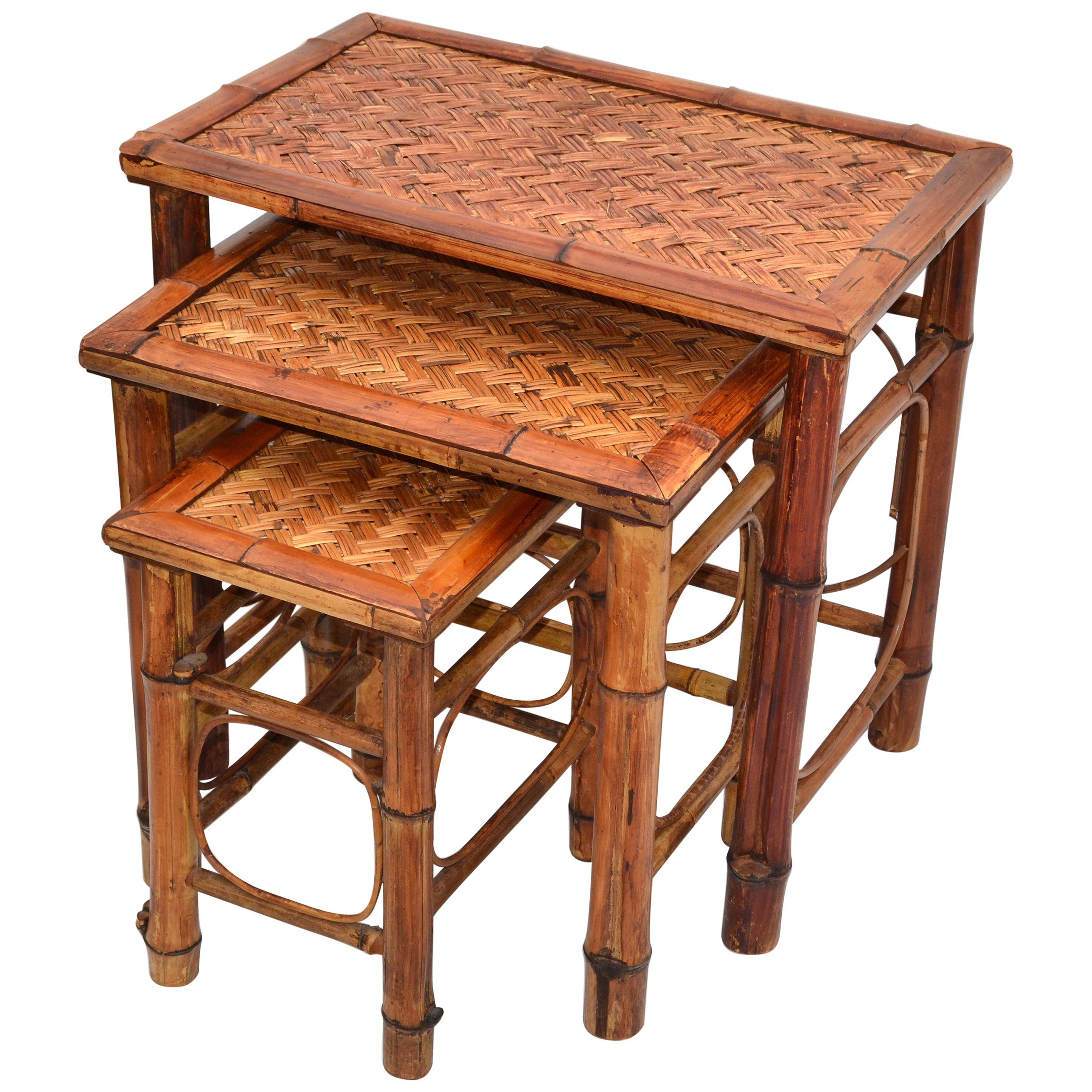 Chinoiserie Bamboo & Cane Nesting Tables Stacking Tables Handcrafted Set of 3 For Sale