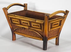 Fioriera Jardinière con piedini in bambù e rattan Chinoiserie con manici, Vintage