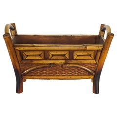 Chinoiserie Bamboo Rattan Footed Jardinière Planter with Handles, Vintage