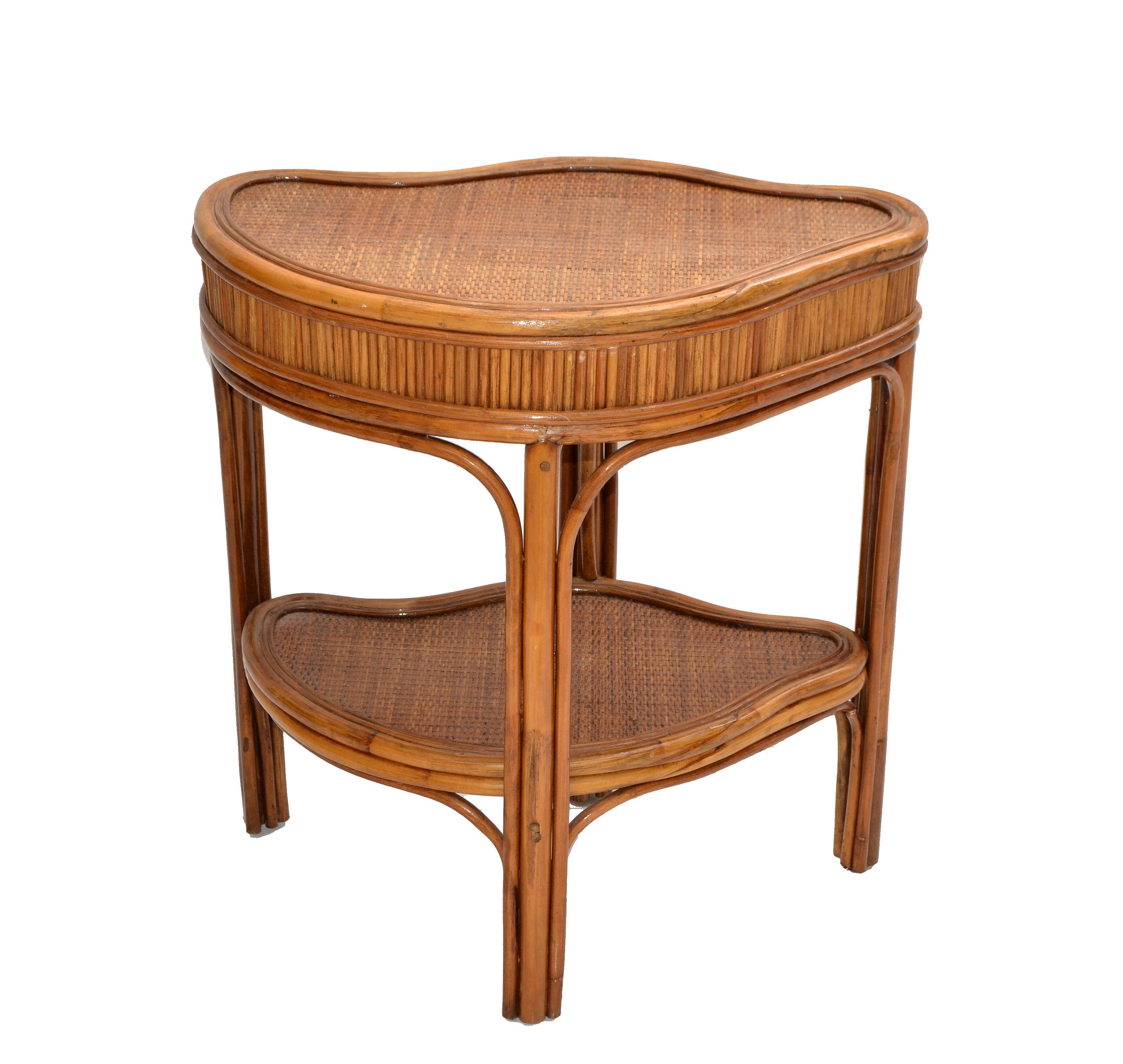 Vintage Chinoiserie bamboo and rattan handmade two-tier side table, end table in Asian Modern style.
  