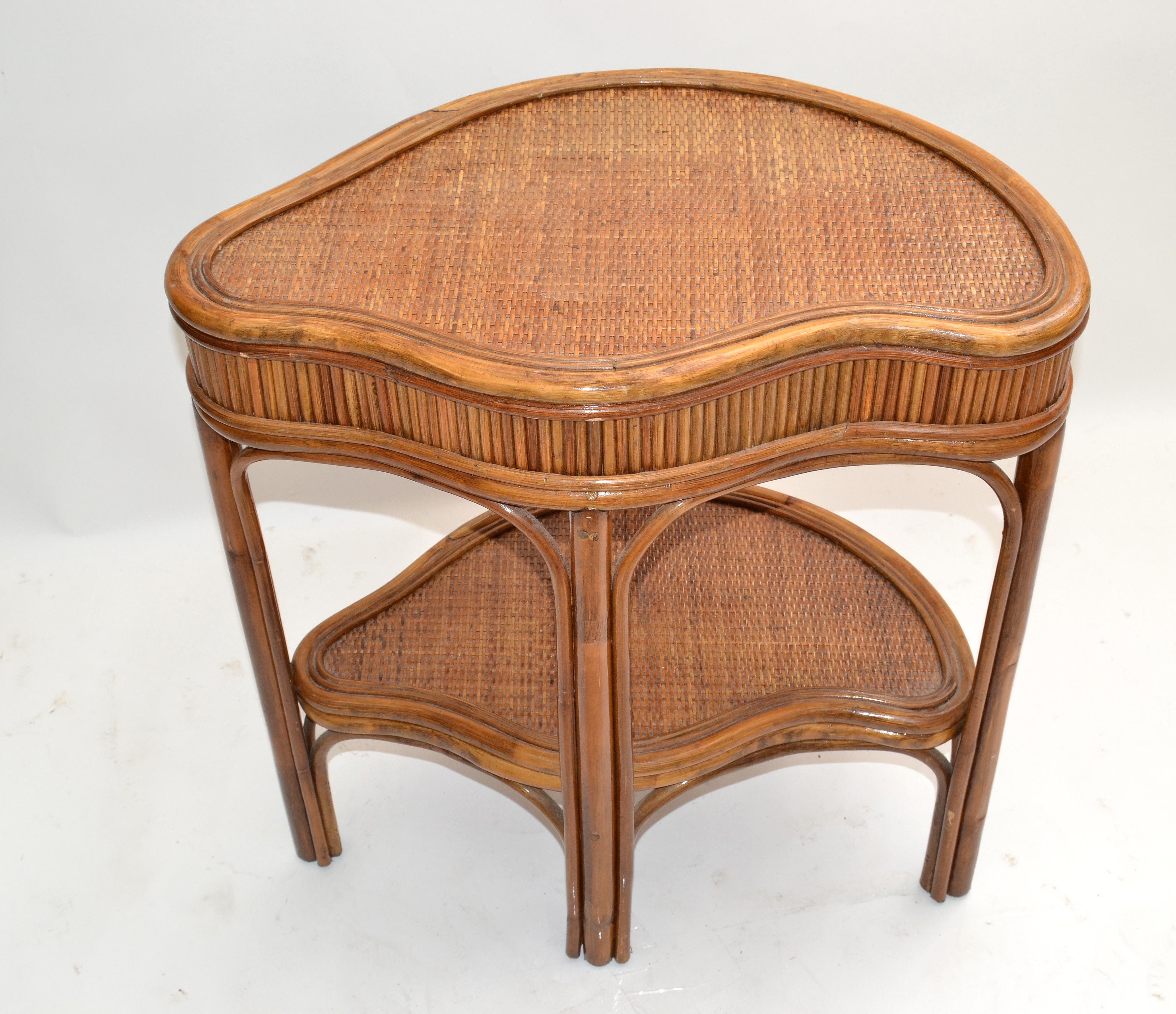 Hand-Crafted Chinoiserie Bamboo & Rattan Handmade Two-Tier Side, End Table Asian Modern 70s For Sale