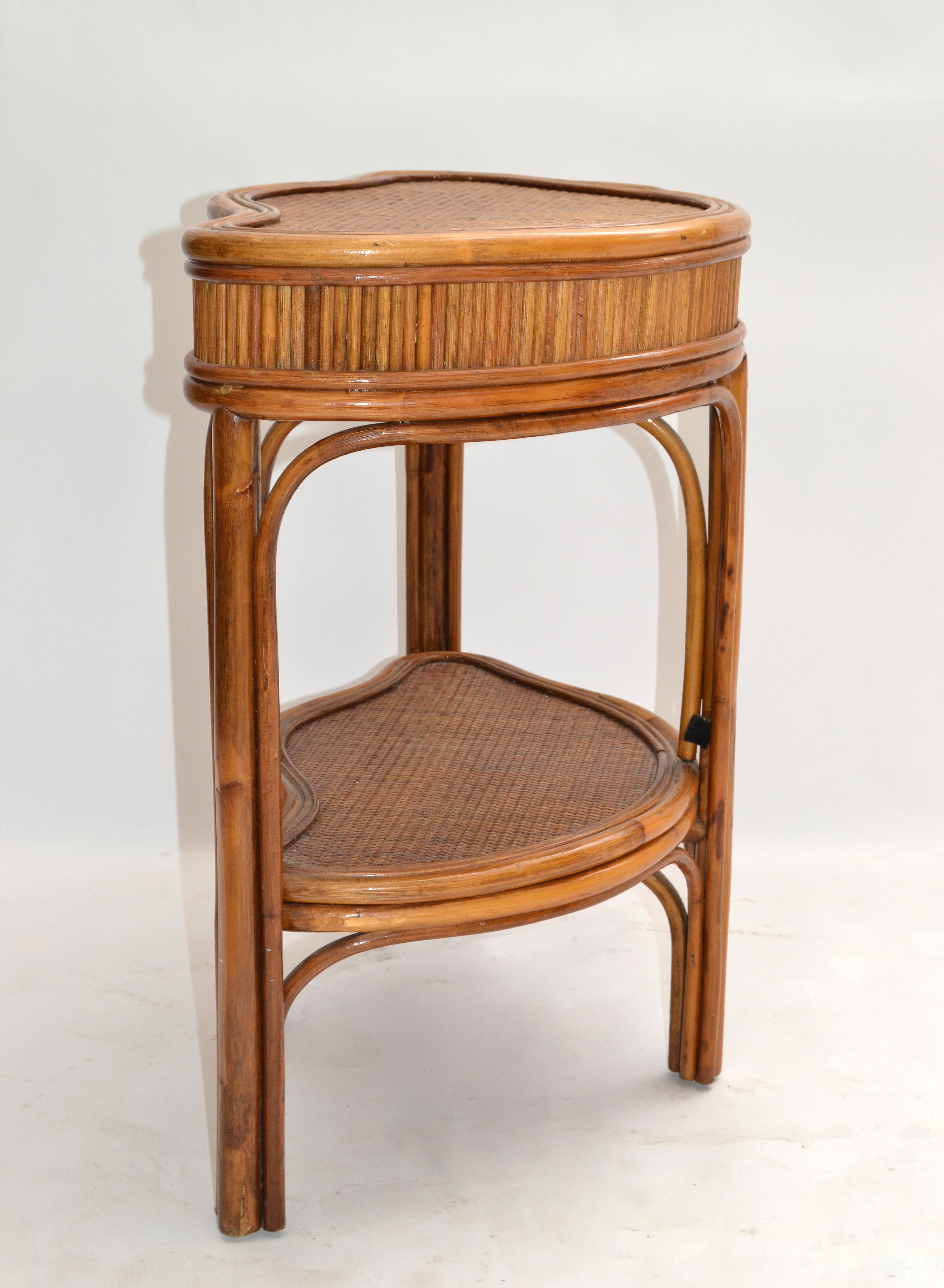 Late 20th Century Chinoiserie Bamboo & Rattan Handmade Two-Tier Side, End Table Asian Modern 70s For Sale