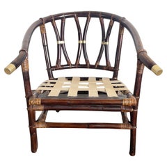 Vintage Chinoiserie Bamboo Rattan Ming Style Arm Lounge Chair