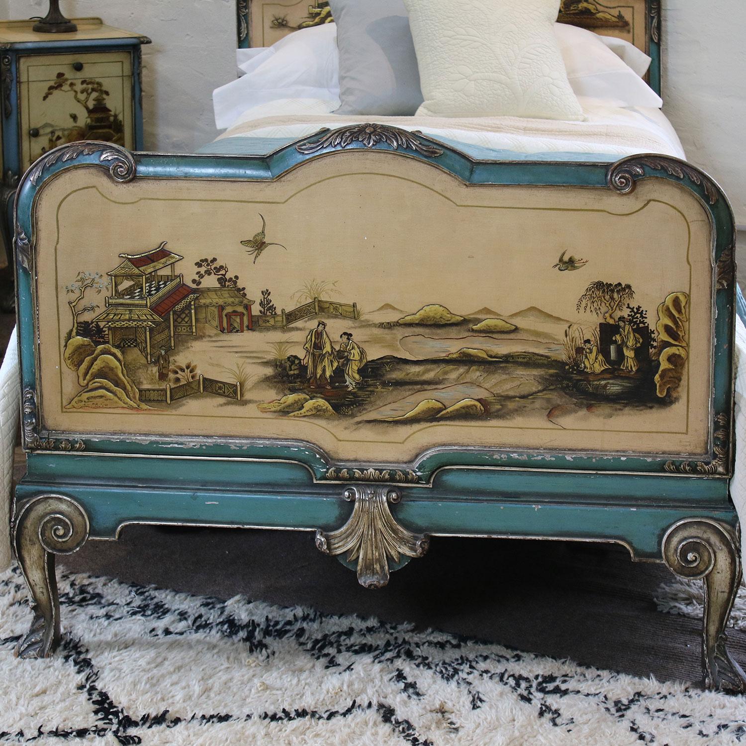 A fabulous Chinoiserie decorated bedroom suite consisting of large single bed, bedside cabinet, dressing table and mirror.

The quality of the painting and the detail of the scenes are superb.

The bed accepts a large single base and mattress