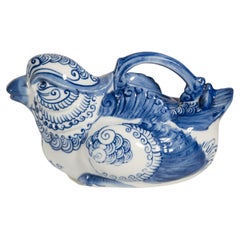 Teiera a forma di uccello Chinoiserie dipinta a mano Decor blu e bianco