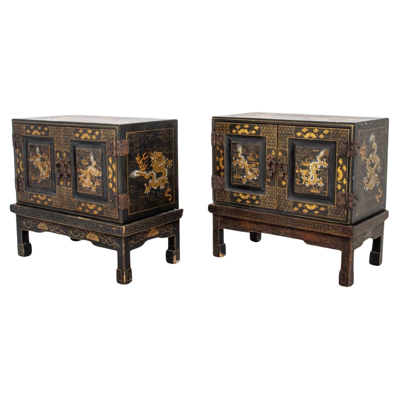 Chinoiserie Black and Gilt Decorated Cabinets, 2 For Sale