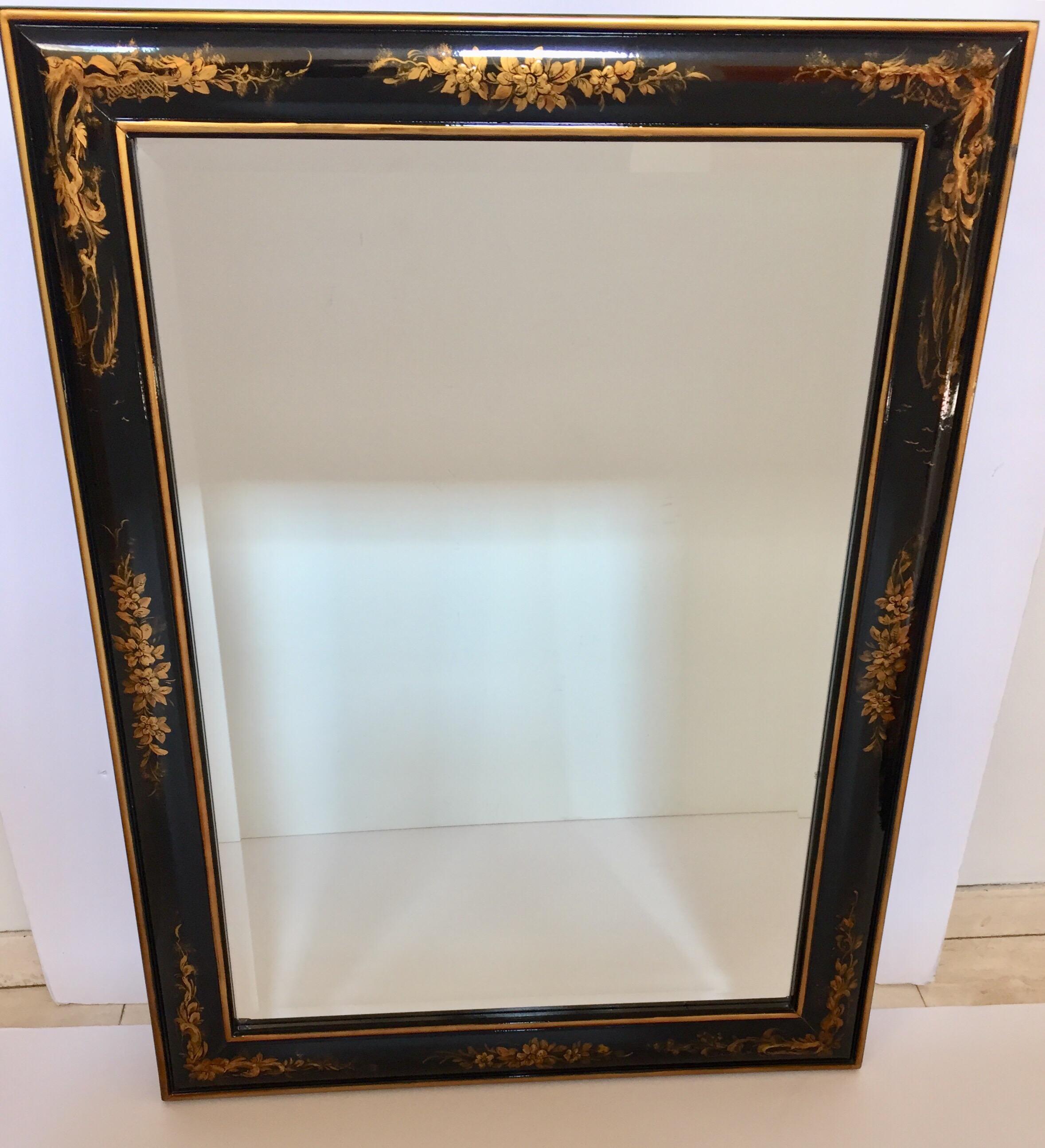 Chinoiserie Black and Gold Framed Rectangular Wall Mirror 3