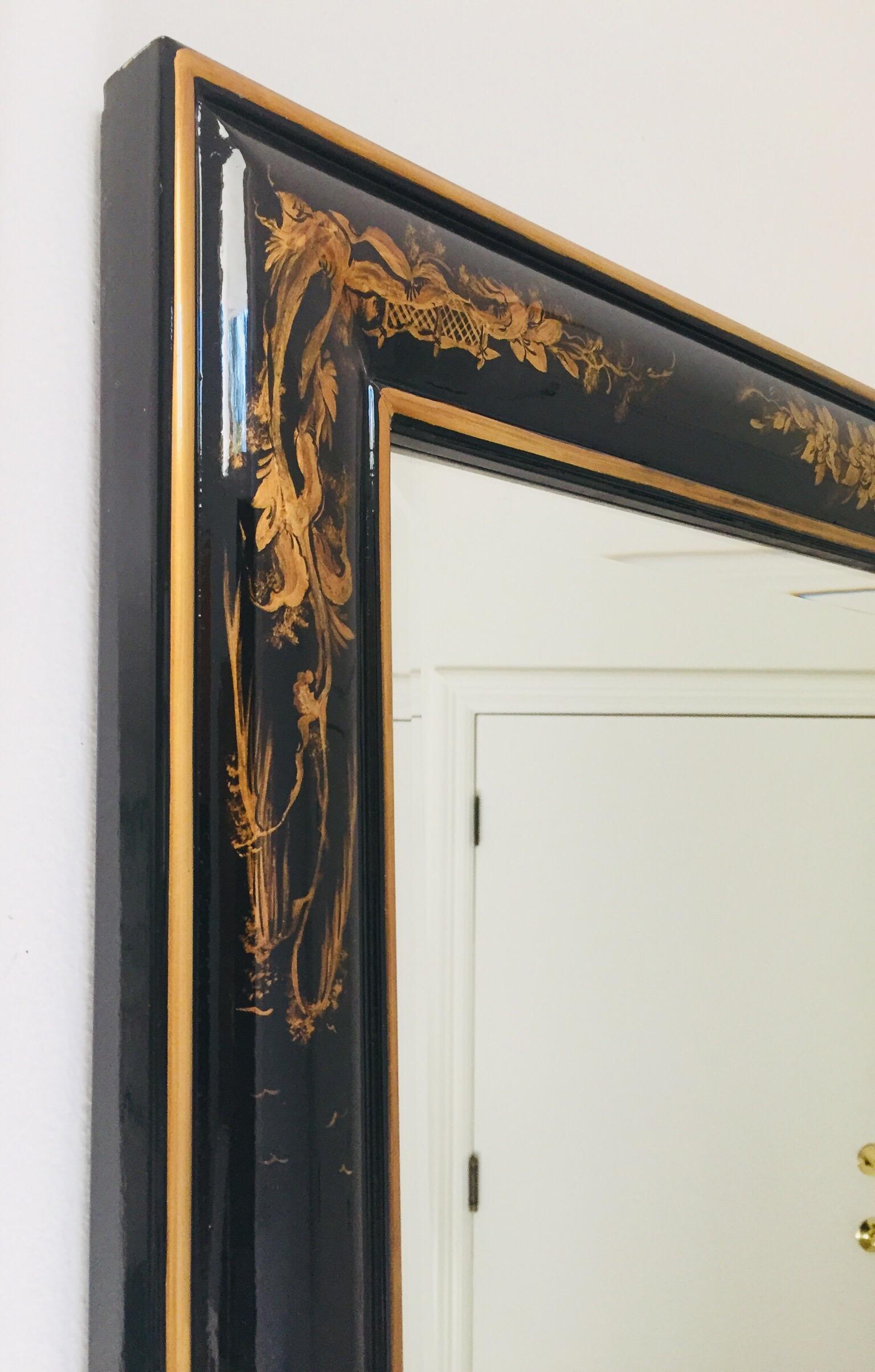 Beautiful chinoiserie Asian inspired rectangular framed mirror made by Labarge.
Labarge is known for their high quality mirrors, table lamps and other home decor throughout the 20th century.
Hand painted chinoiserie mirror with black and gold