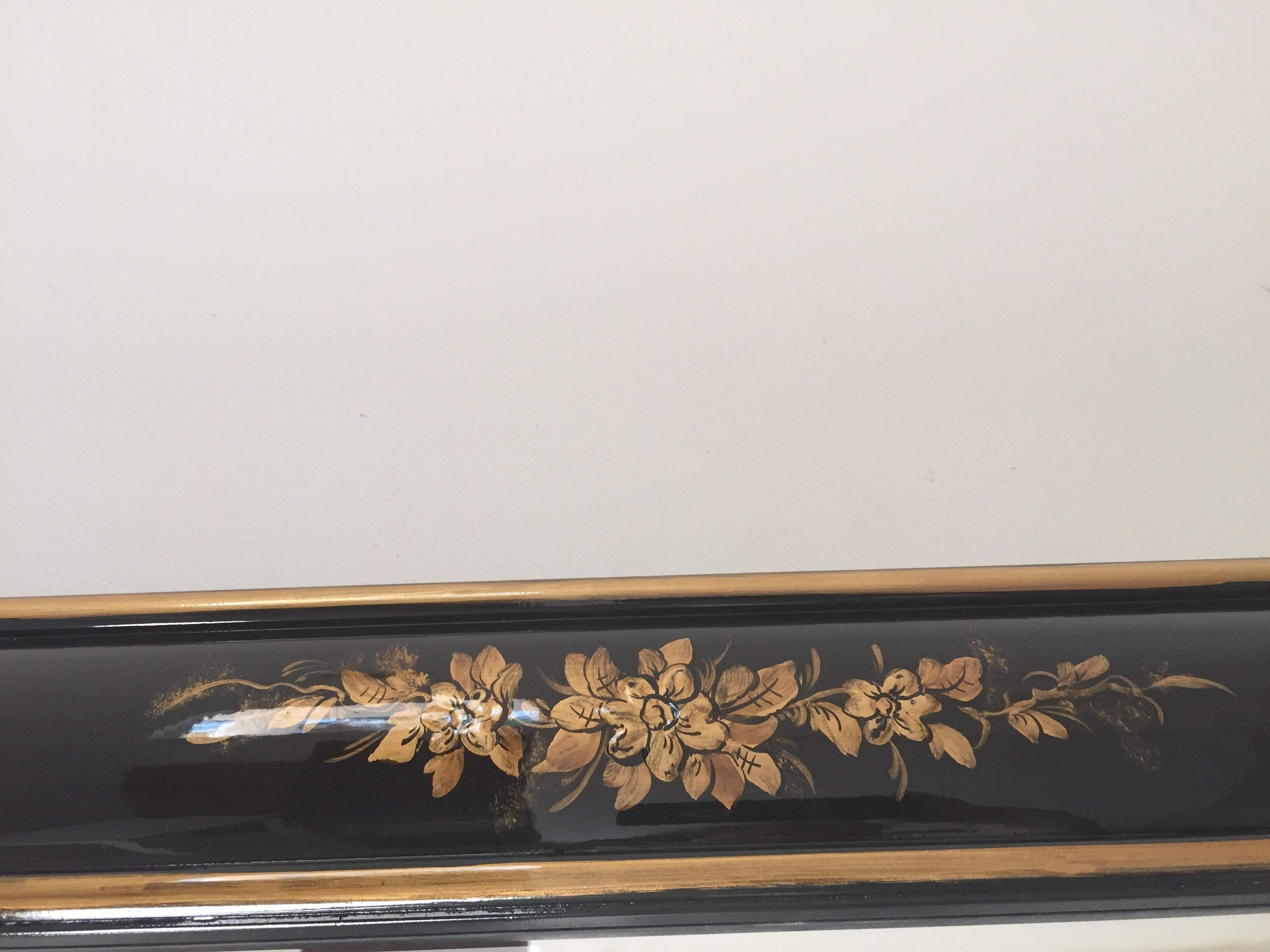 American Chinoiserie Black and Gold Framed Rectangular Wall Mirror