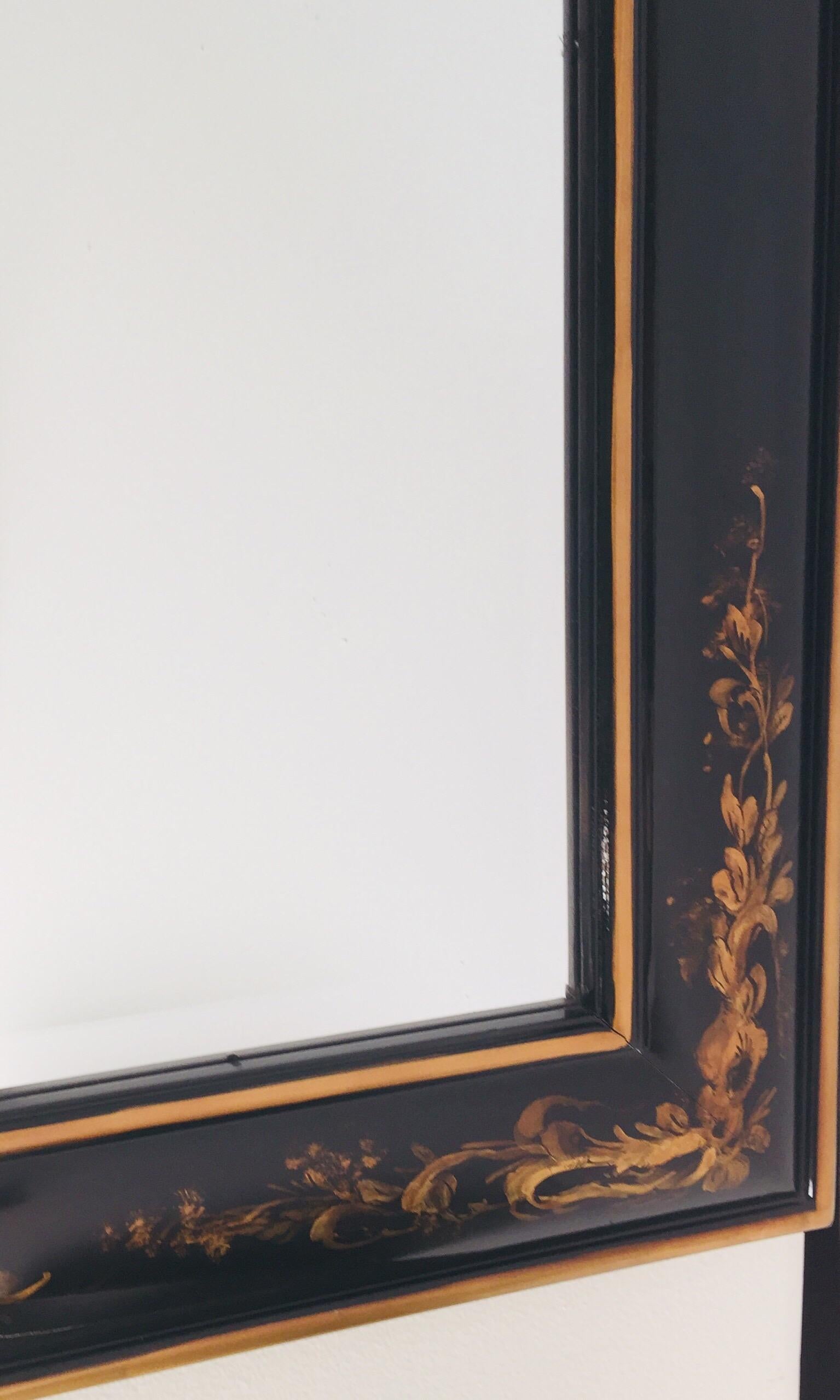 Hand-Painted Chinoiserie Black and Gold Framed Rectangular Wall Mirror