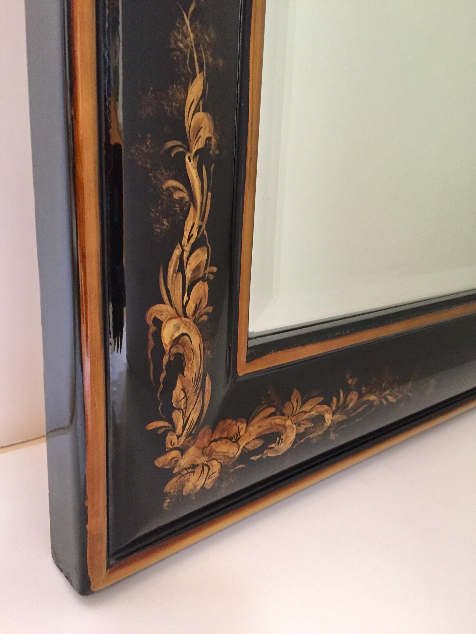 Chinoiserie Black and Gold Framed Rectangular Wall Mirror In Good Condition In North Hollywood, CA