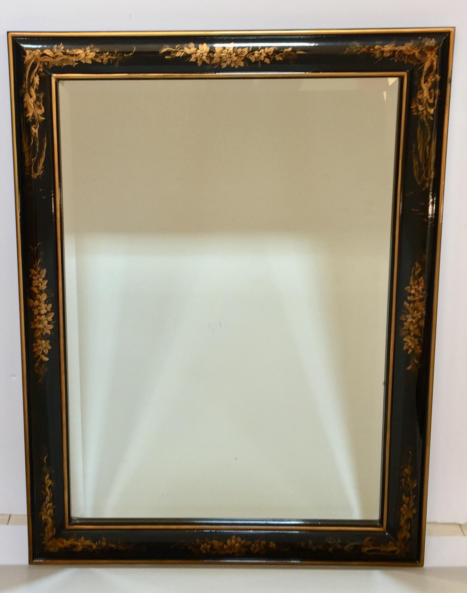 20th Century Chinoiserie Black and Gold Framed Rectangular Wall Mirror