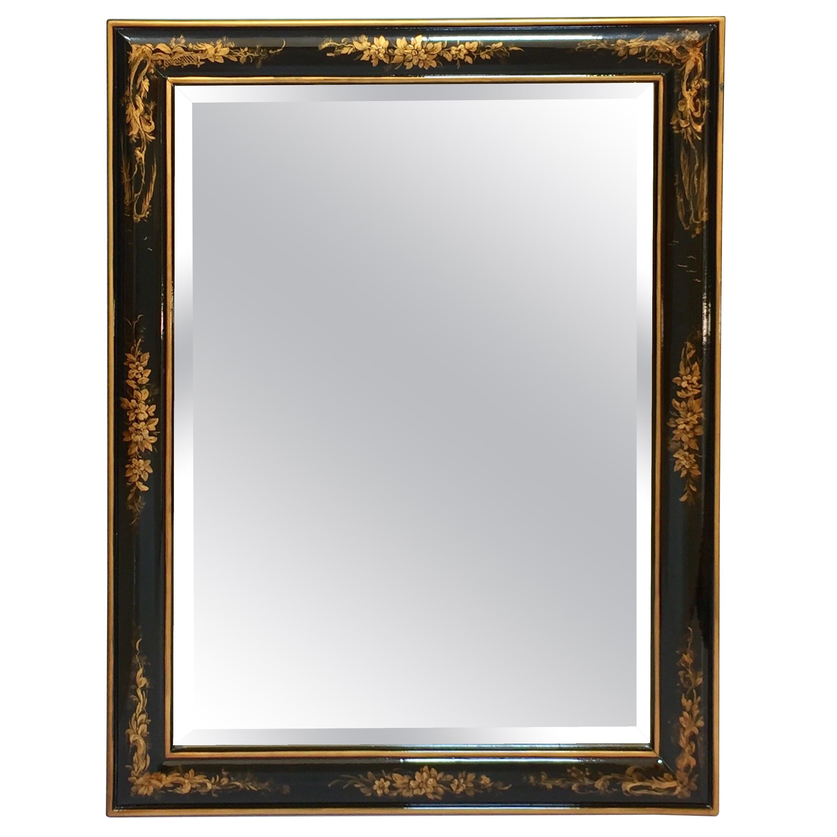 Chinoiserie Black and Gold Framed Rectangular Wall Mirror