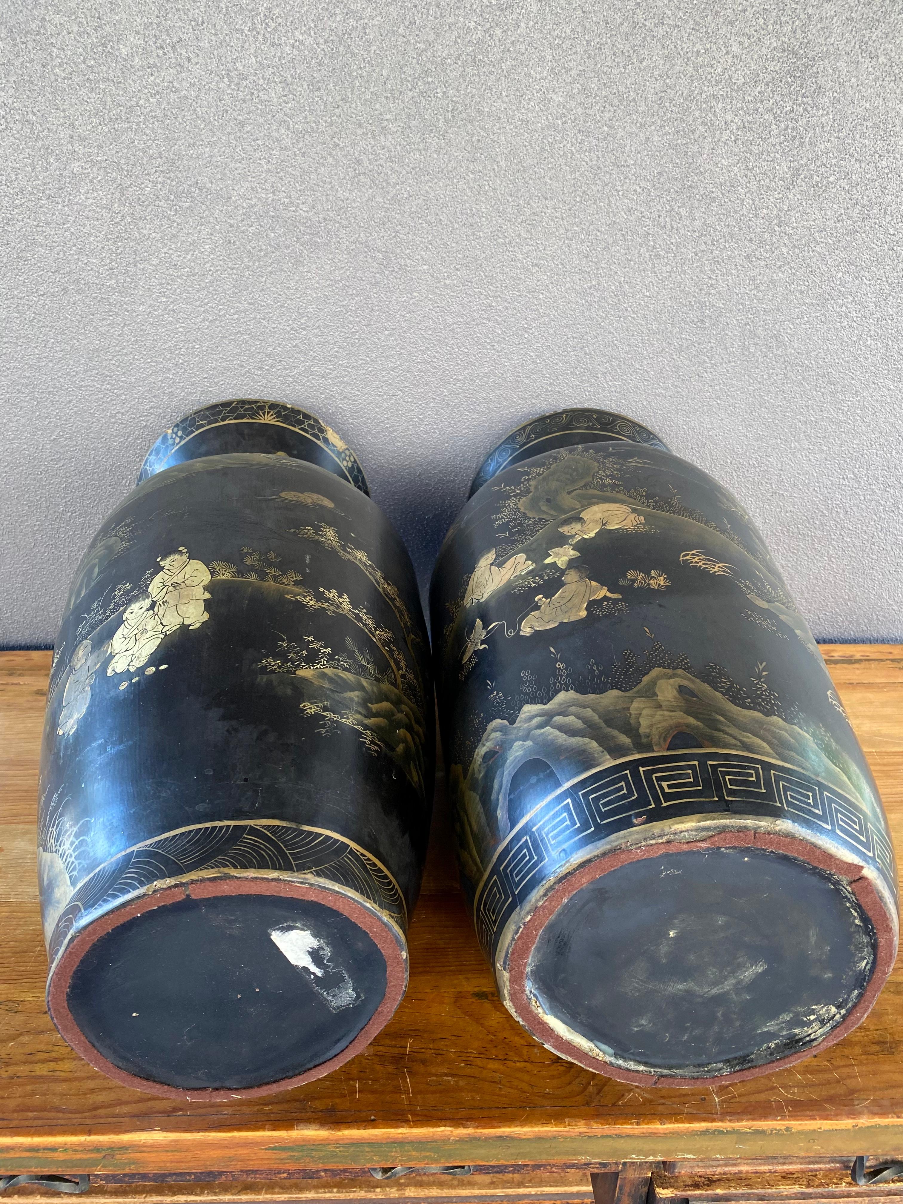 Chinoiserie Black and Gold Hand Painted Wood Vases, Set of 2 For Sale 5