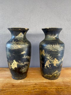 Chinoiserie Black and Gold Hand Painted Wood Vases, Set of 2