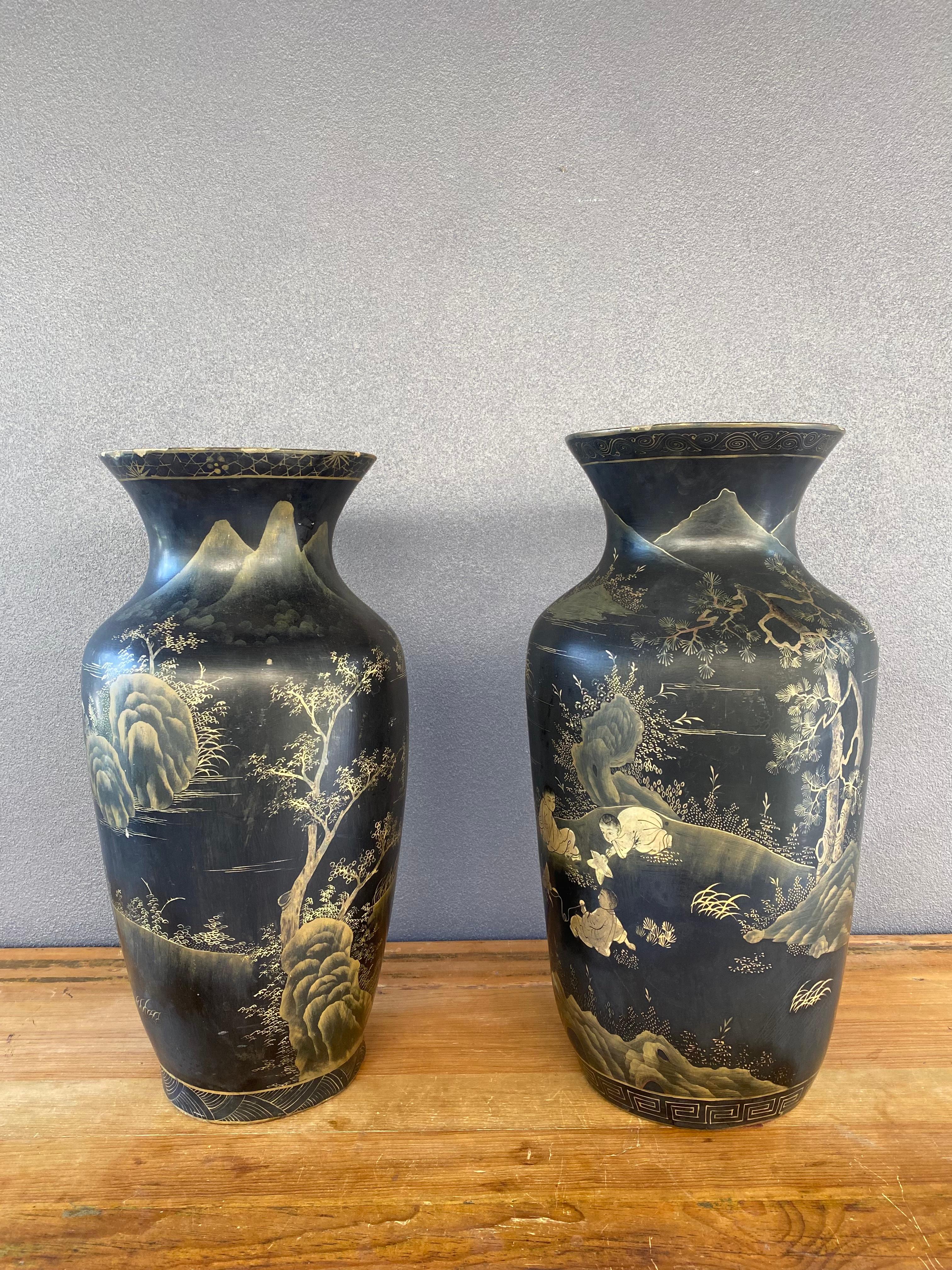 Asian Chinoiserie Black and Gold Hand Painted Wood Vases, Set of 2 For Sale
