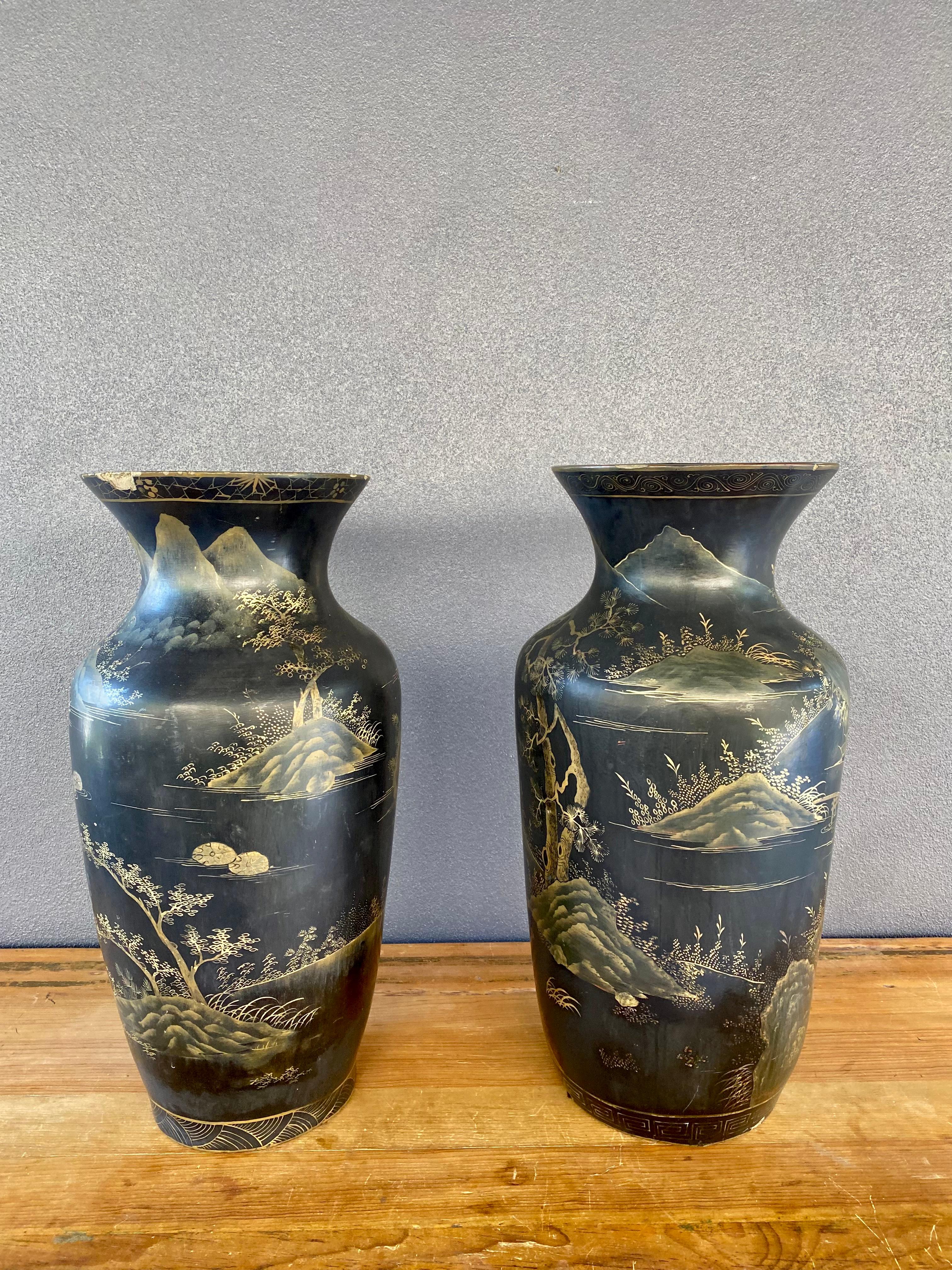 Chinoiserie Black and Gold Hand Painted Wood Vases, Set of 2 For Sale 1