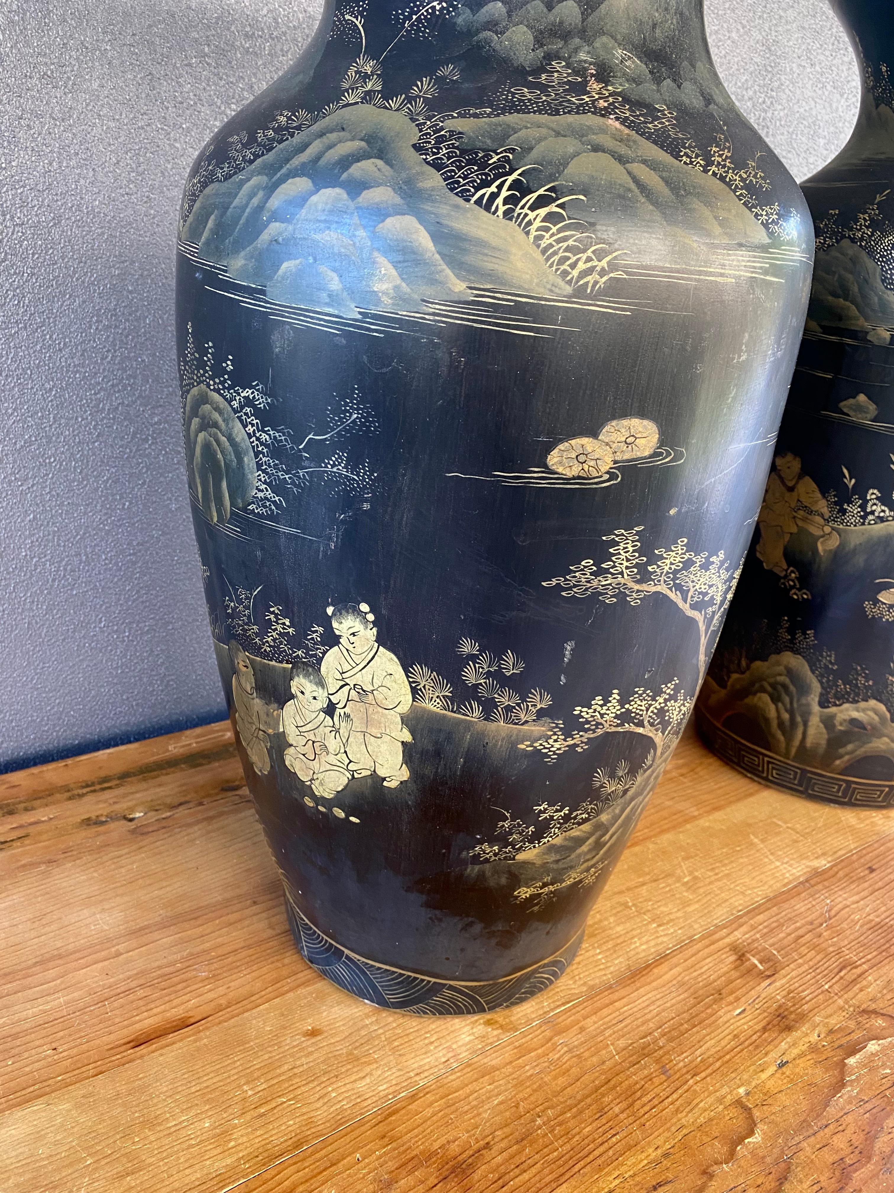 Chinoiserie Black and Gold Hand Painted Wood Vases, Set of 2 For Sale 4