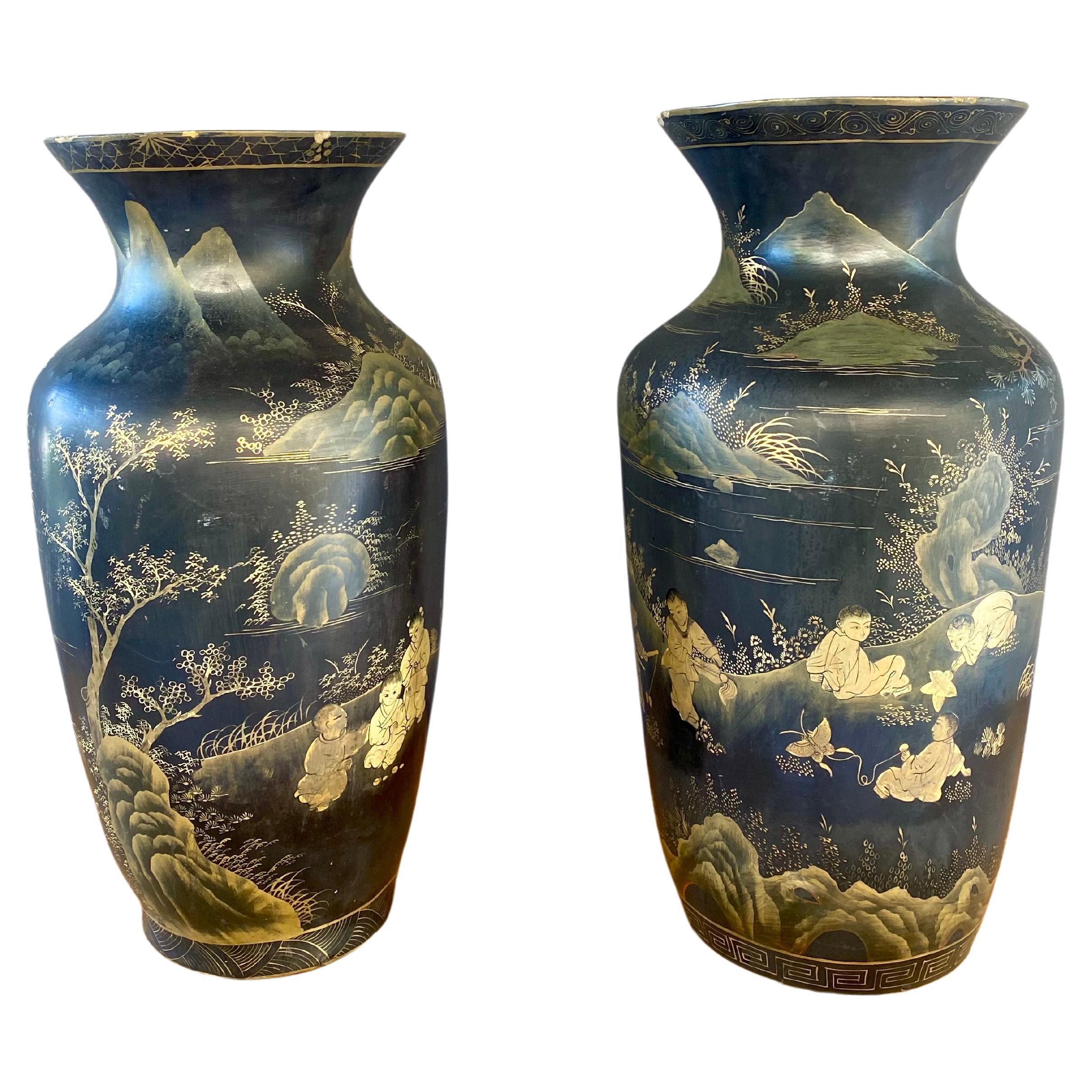 Chinoiserie Black and Gold Hand Painted Wood Vases, Set of 2