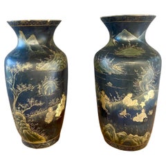 Antique Chinoiserie Black and Gold Hand Painted Wood Vases, Set of 2