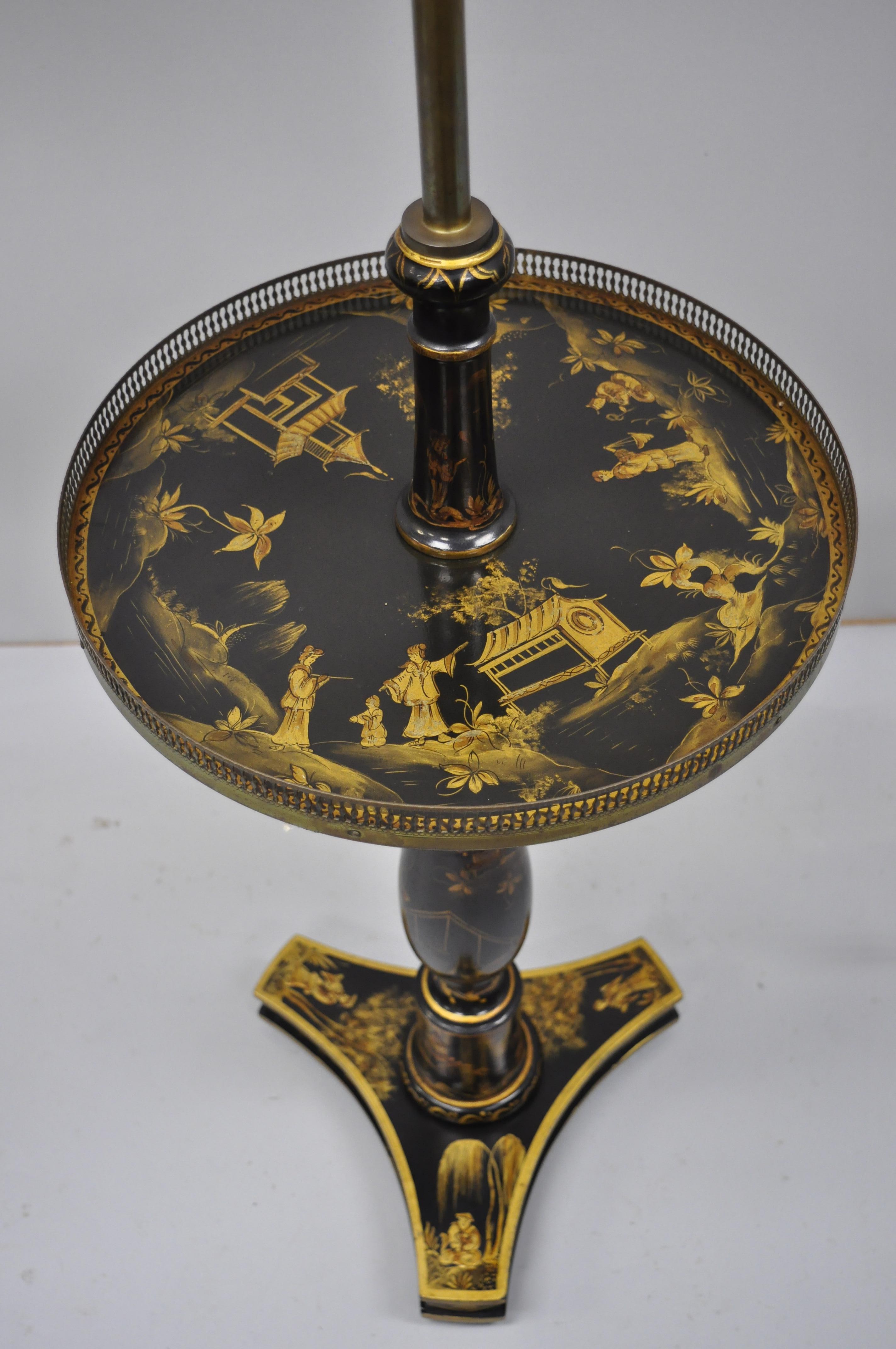 Chinoiserie Black and Gold Lacquer Brass Accent Adjustable Floor Lamp with Table 3