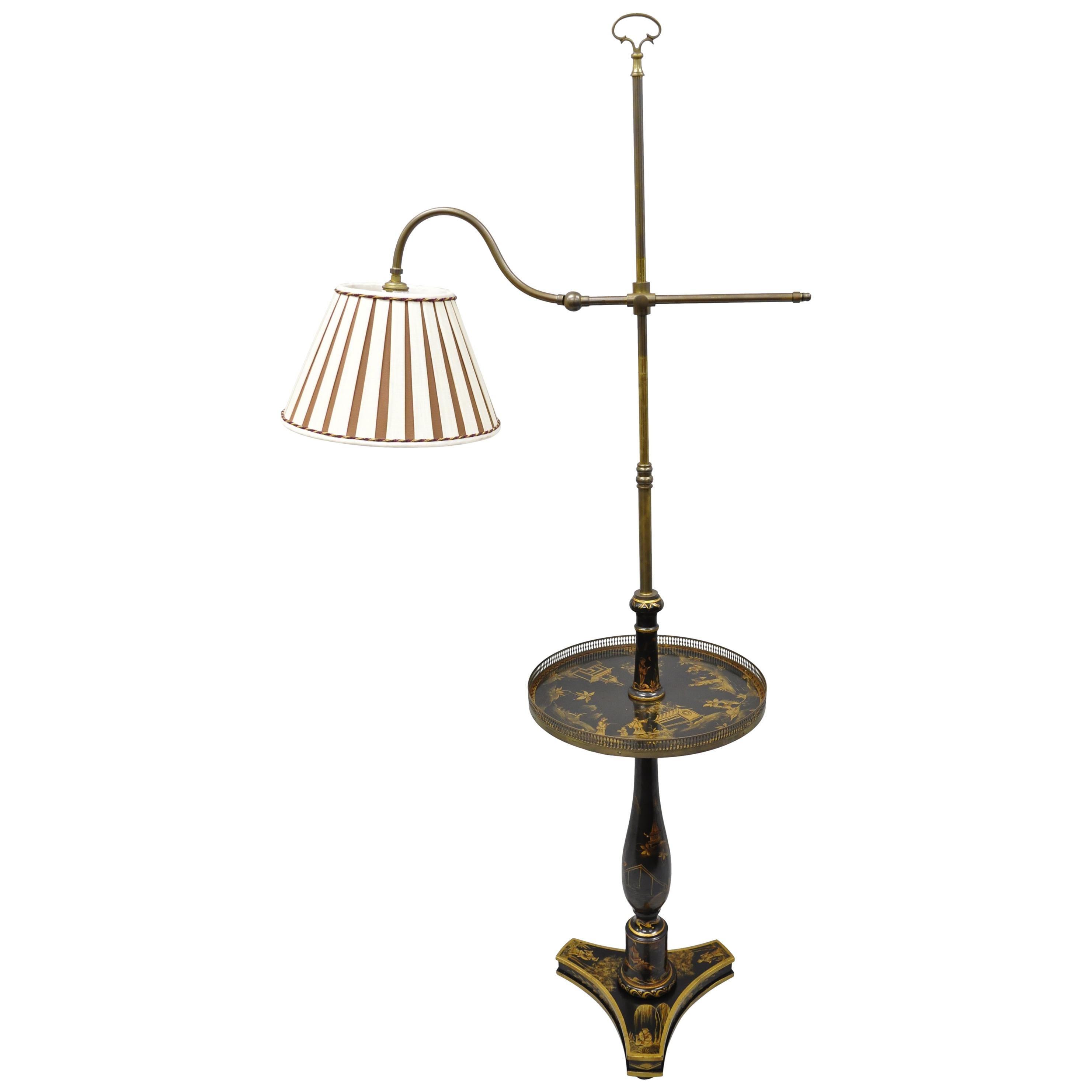 Chinoiserie Black And Gold Lacquer Brass Accent Adjustable Floor Lamp With Table