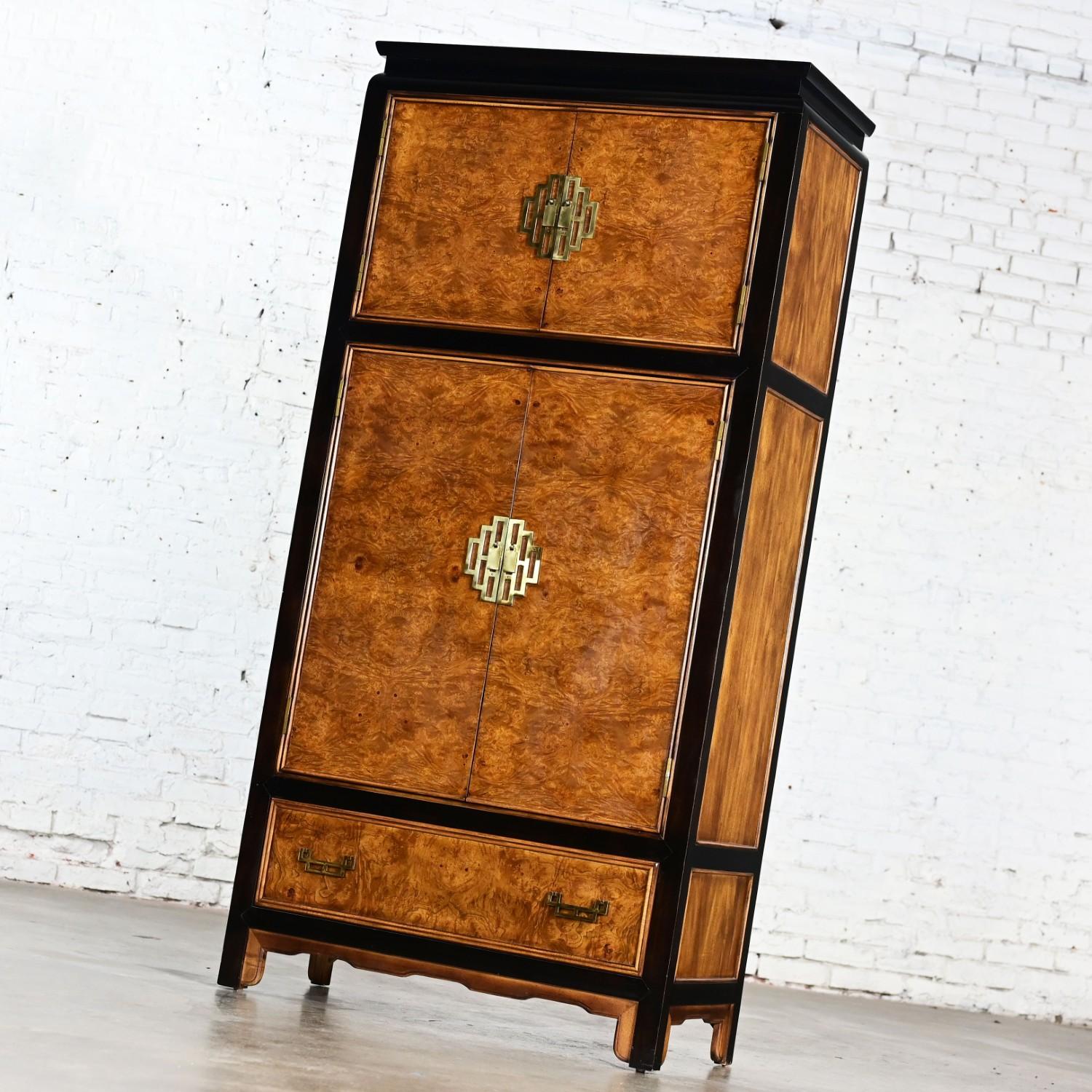 Painted Chinoiserie Black & Burl Chin Hua Armoire by Raymond K. Sabota for Century Furn