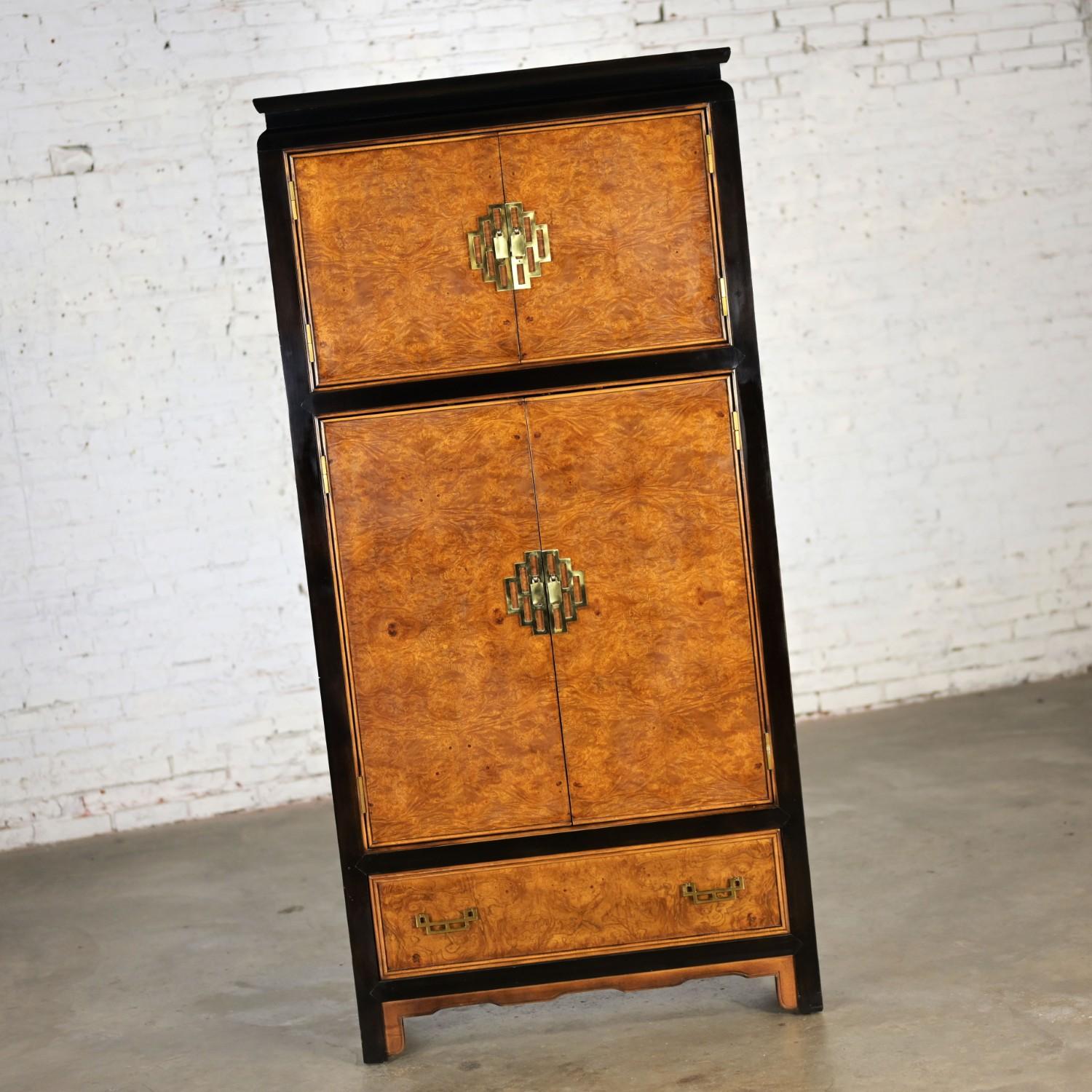 Chinoiserie Black & Burl Chin Hua Armoire by Raymond K. Sabota for Century Furn In Good Condition In Topeka, KS