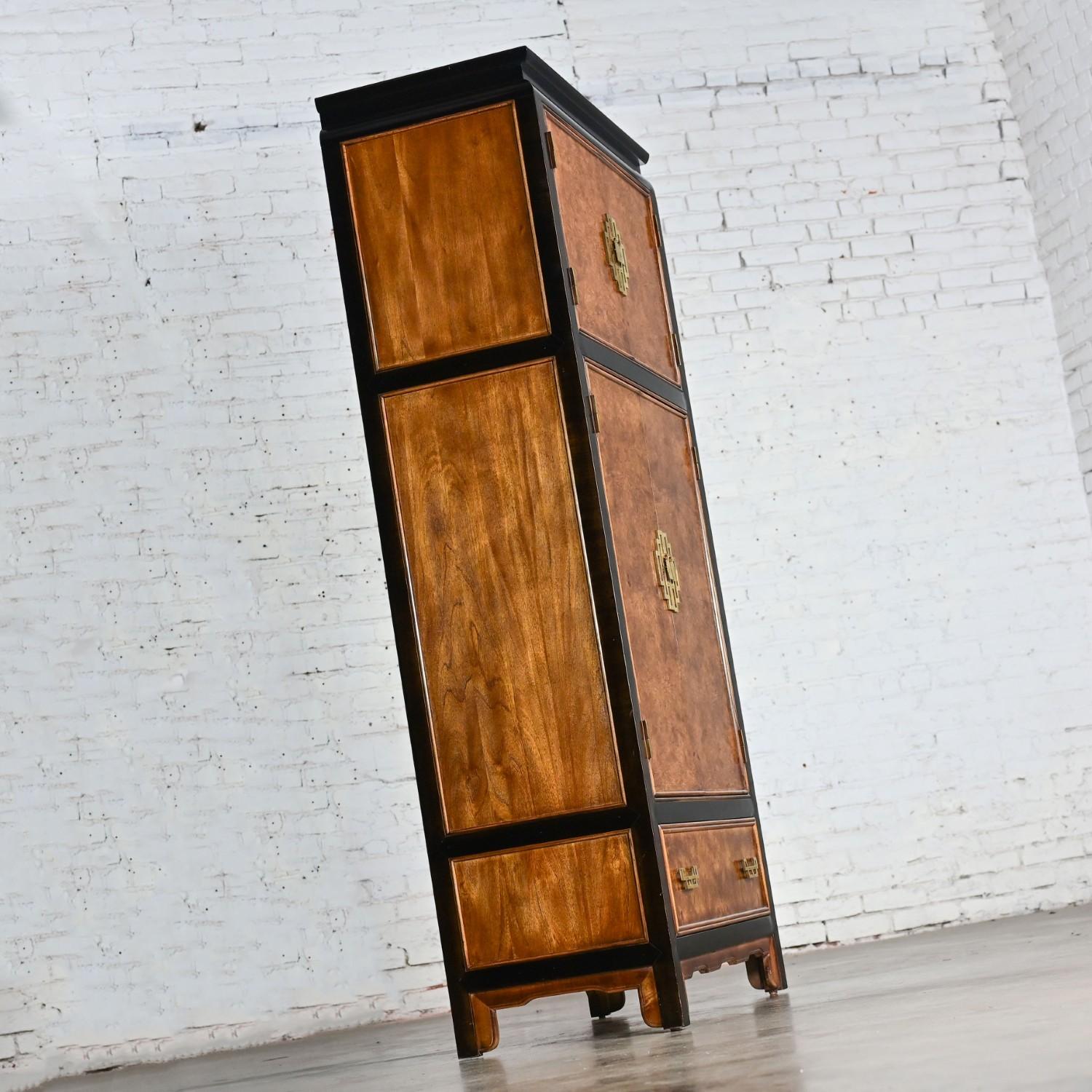 Brass Chinoiserie Black & Burl Chin Hua Armoire by Raymond K. Sabota for Century Furn